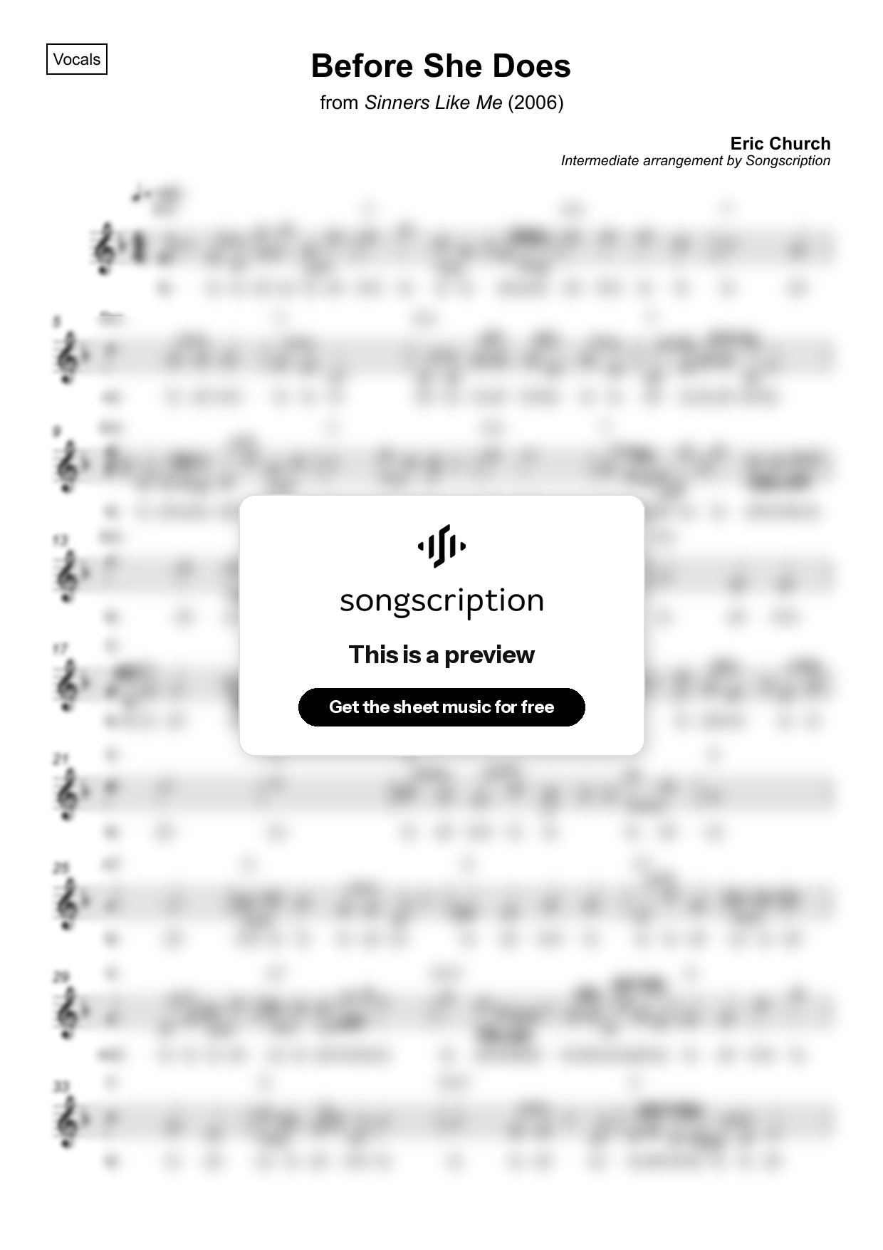 Intermediate Vocals Sheet Music for "Before She Does" by Eric Church