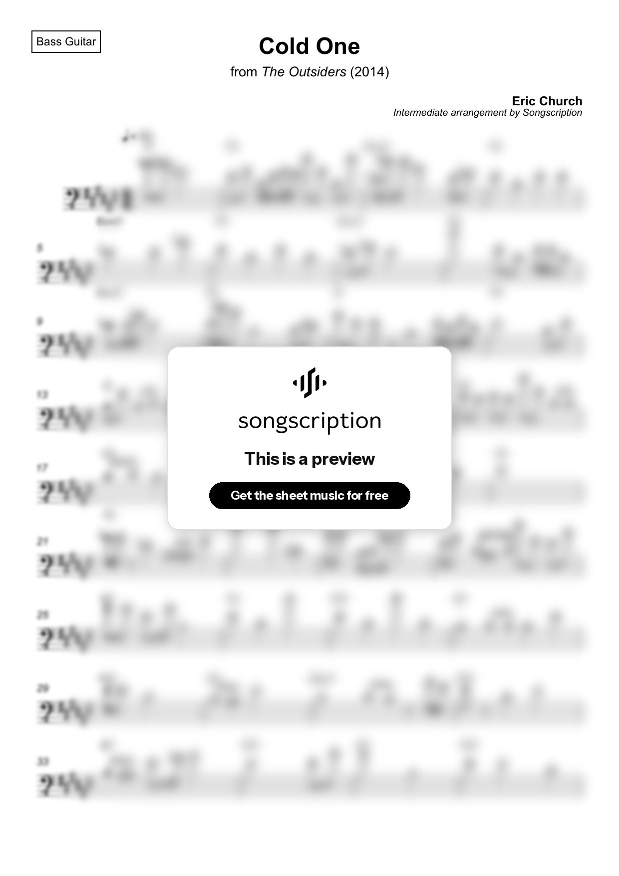 Intermediate Bass Guitar Sheet Music for "Cold One" by Eric Church