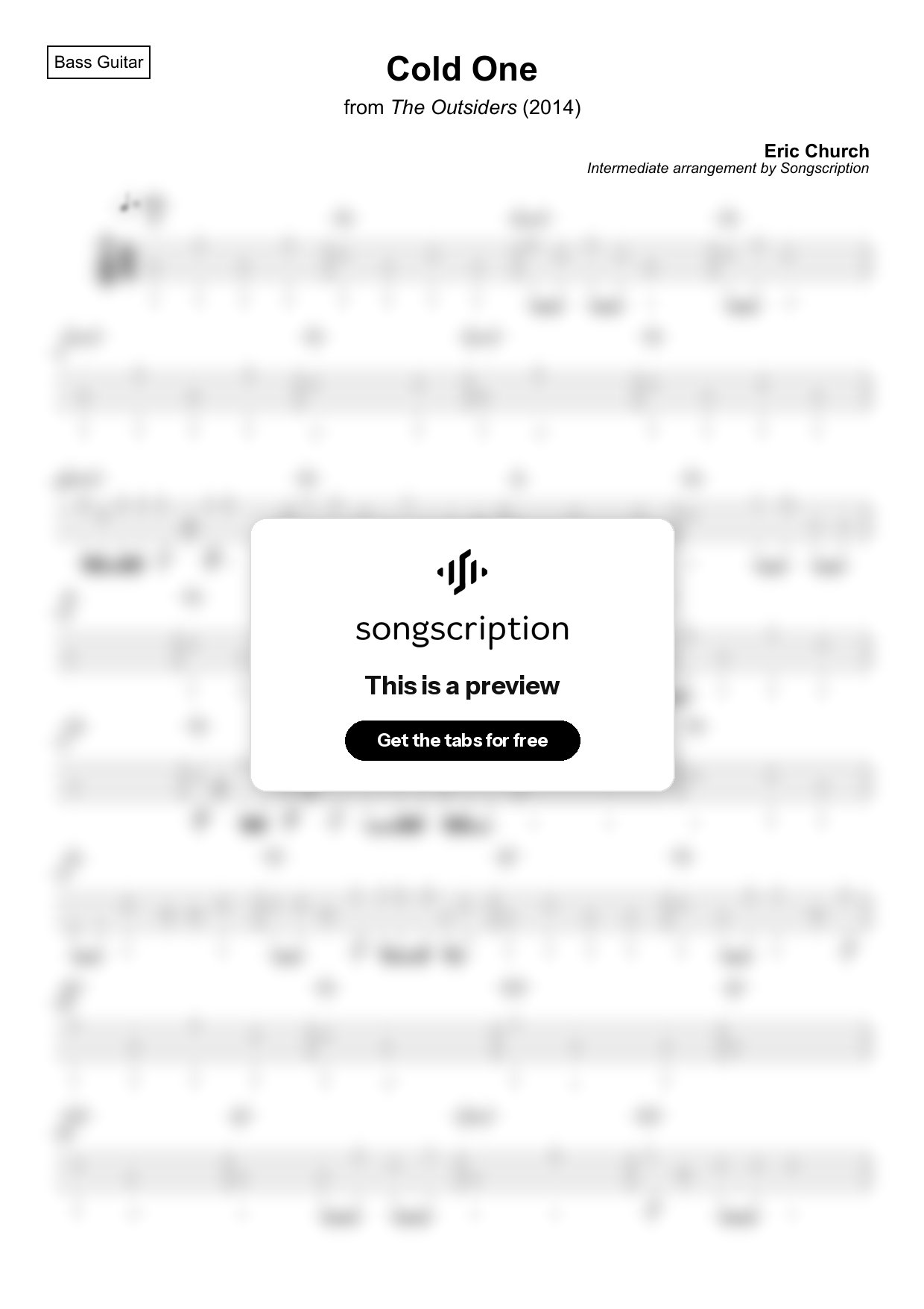 Intermediate Bass Guitar Tabs for "Cold One" by Eric Church