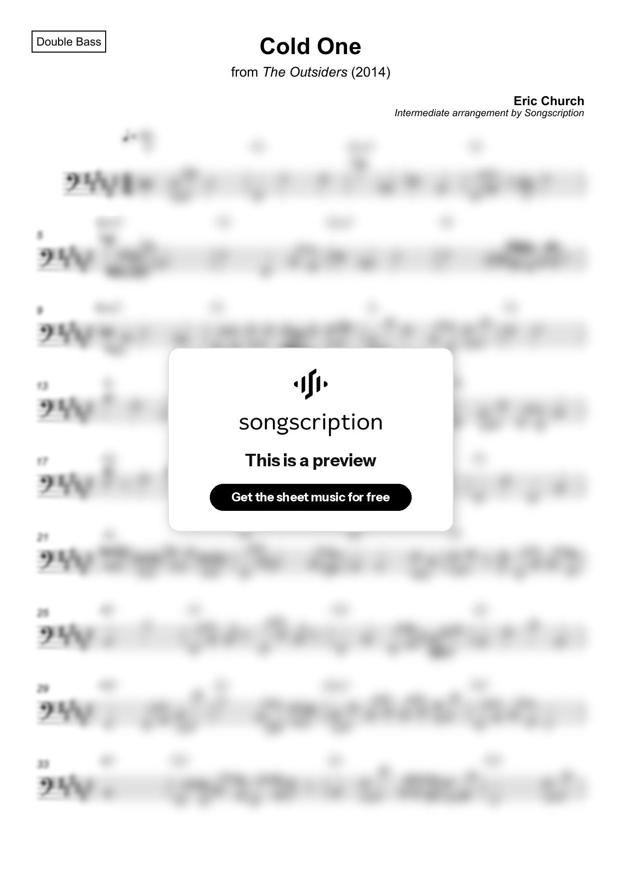 Intermediate Double Bass Sheet Music for "Cold One" by Eric Church
