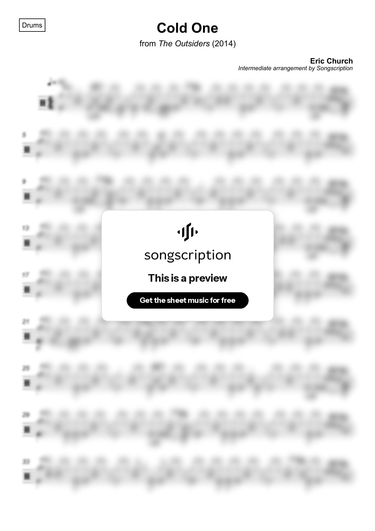 Intermediate Drums Sheet Music for "Cold One" by Eric Church