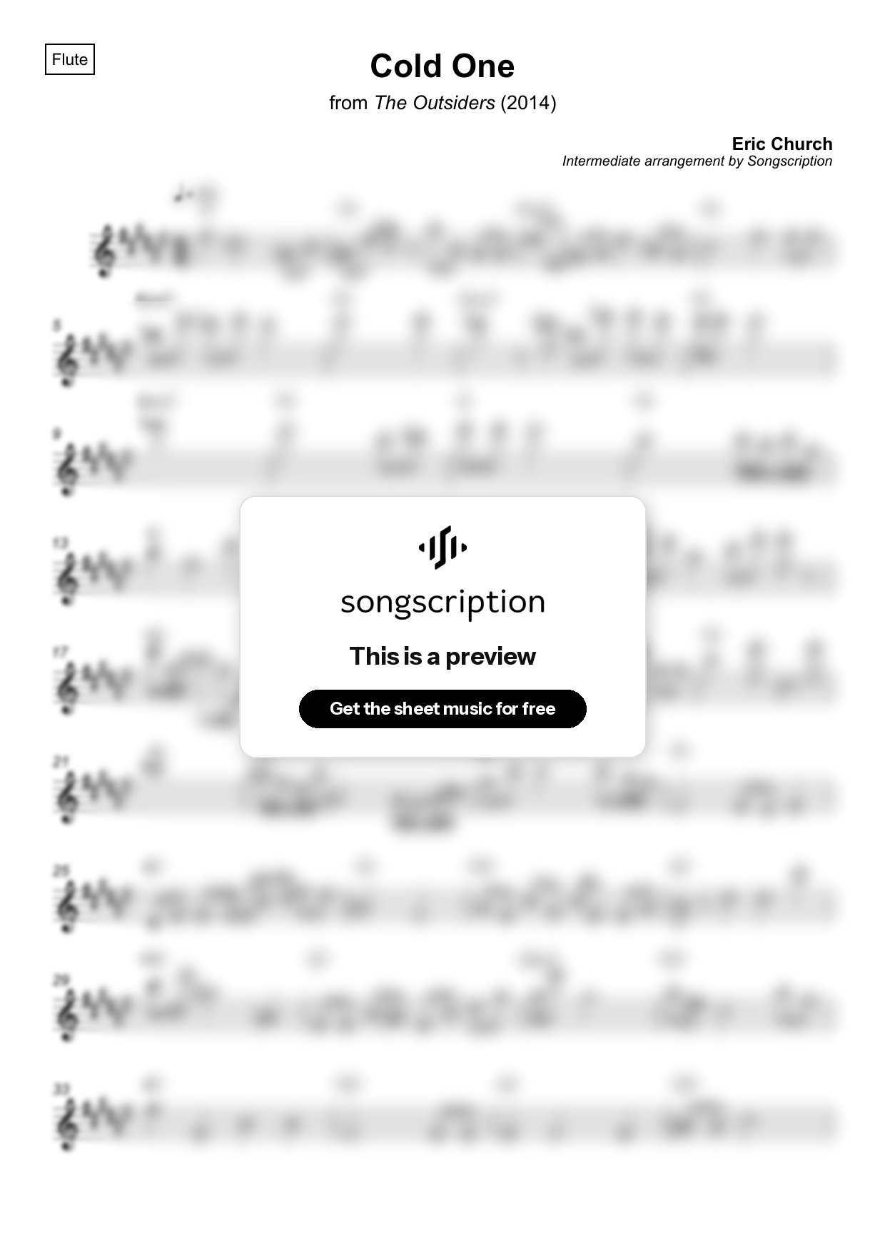 Intermediate Flute Sheet Music for "Cold One" by Eric Church