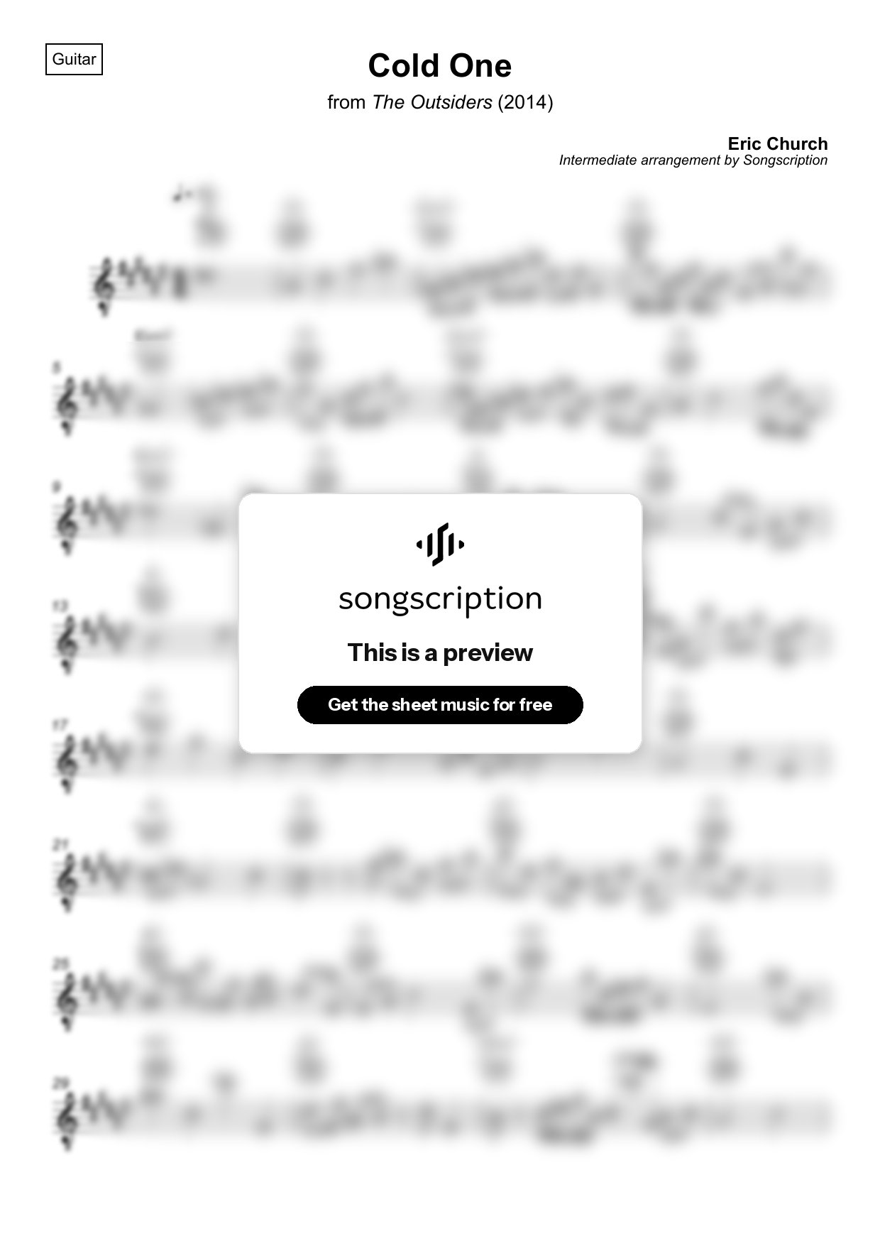 Intermediate Acoustic Guitar Sheet Music for "Cold One" by Eric Church