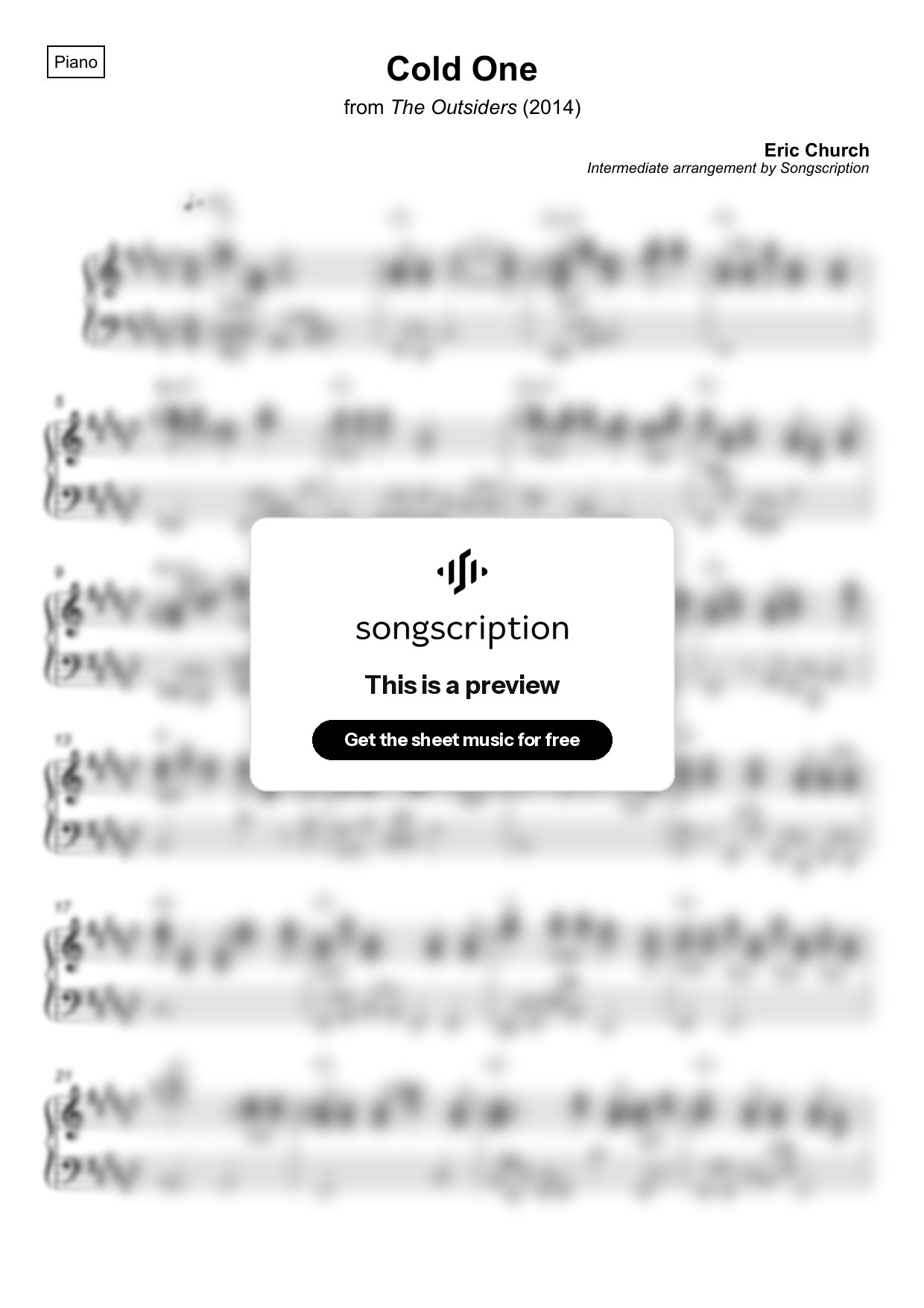 Intermediate Piano Sheet Music for "Cold One" by Eric Church