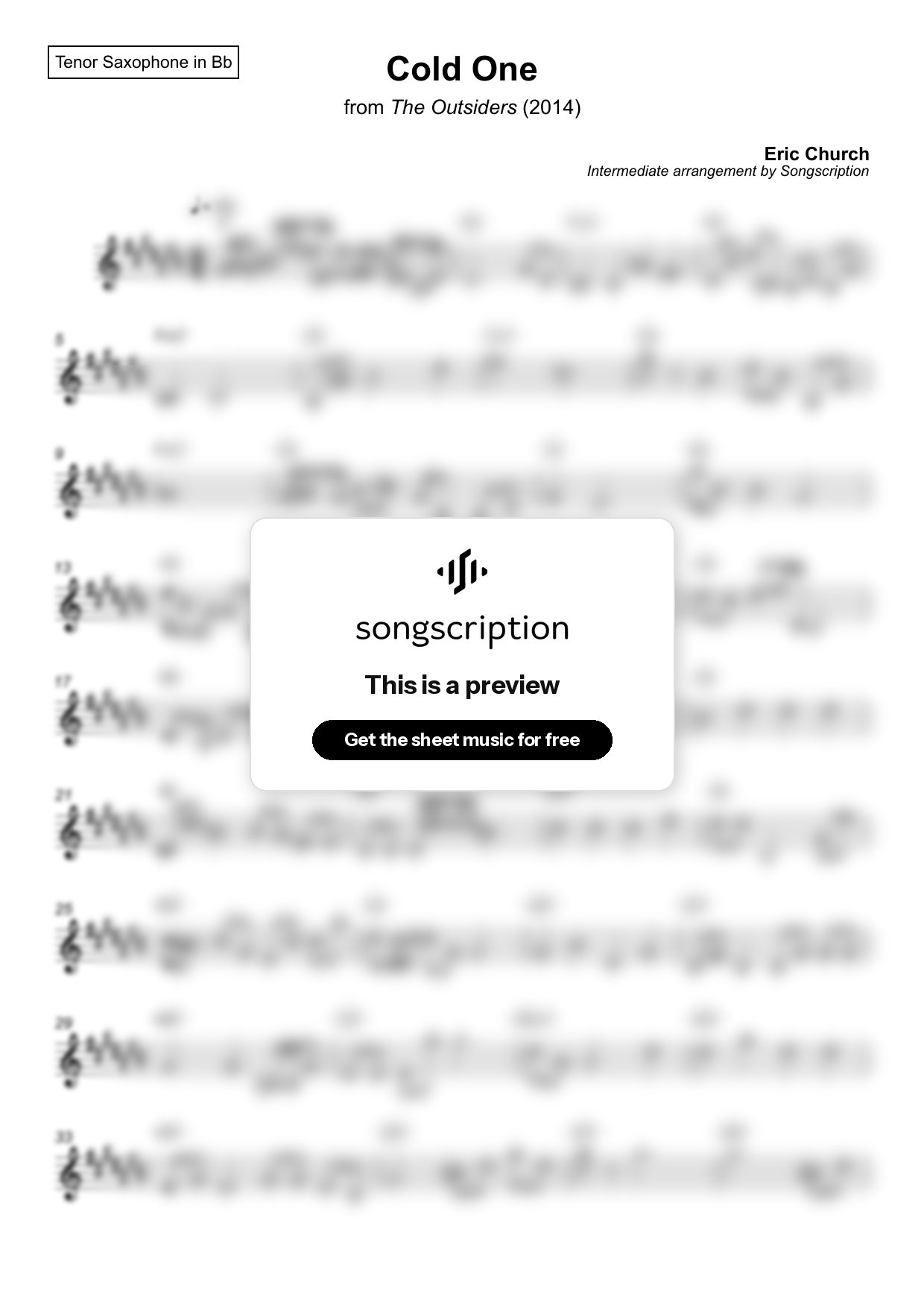 Intermediate Tenor Sax Sheet Music for "Cold One" by Eric Church