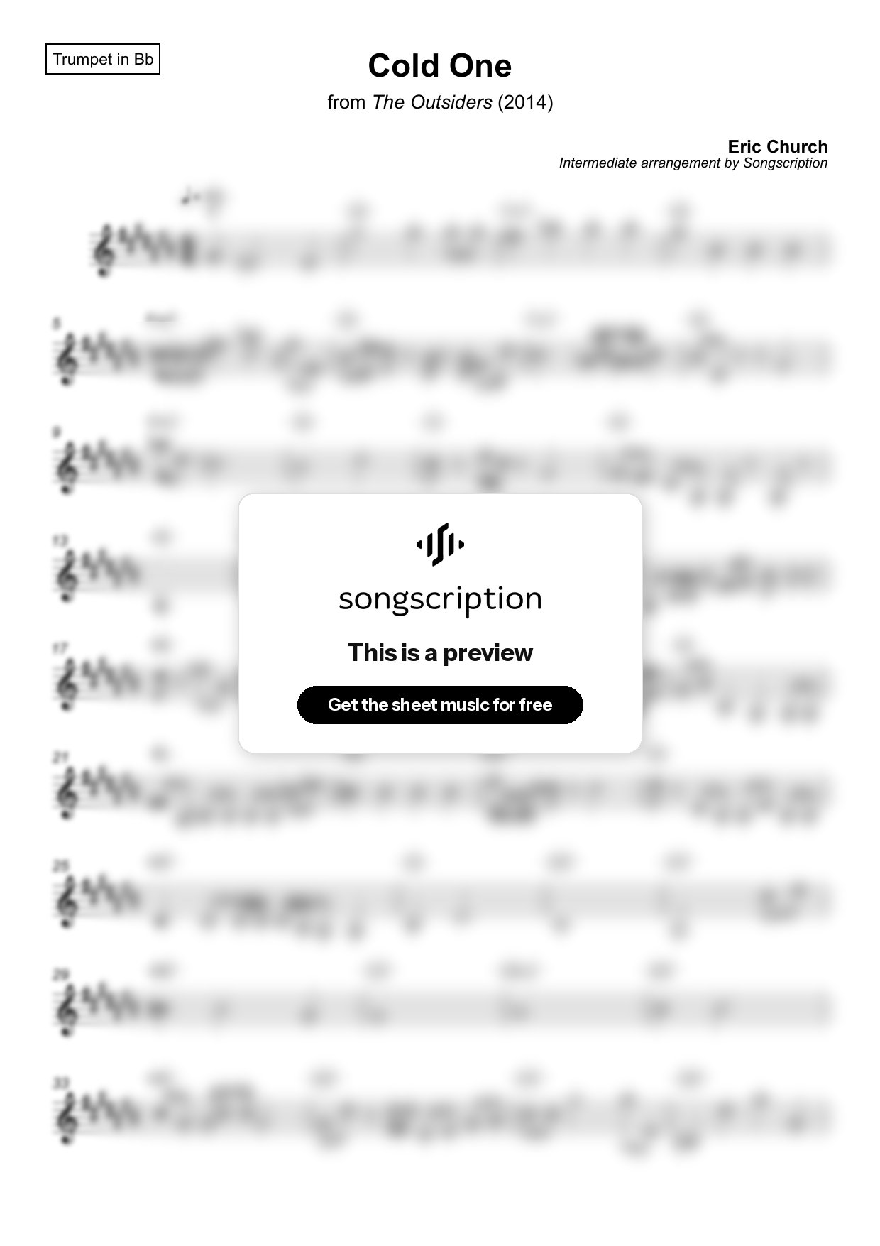 Intermediate Trumpet Sheet Music for "Cold One" by Eric Church