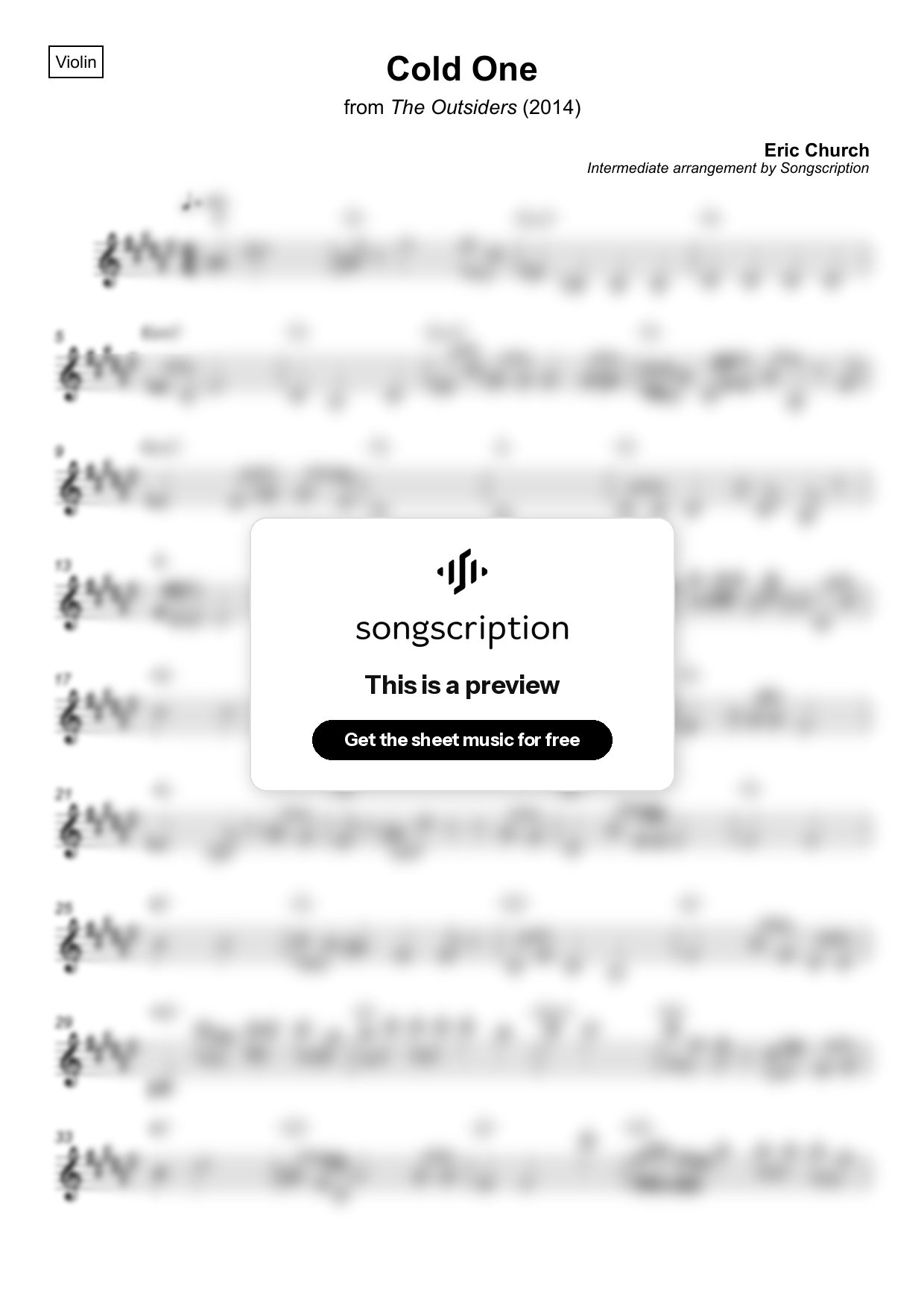 Intermediate Violin Sheet Music for "Cold One" by Eric Church