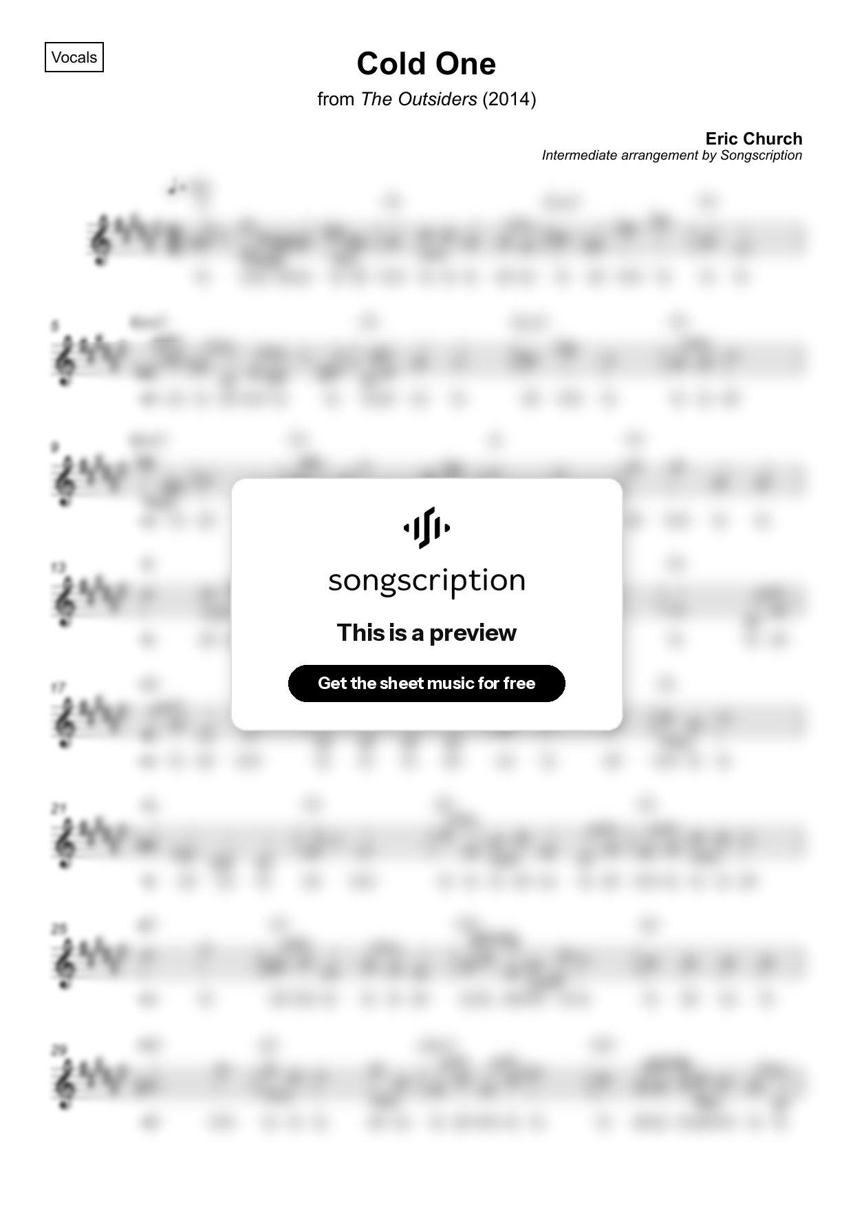 Intermediate Vocals Sheet Music for "Cold One" by Eric Church