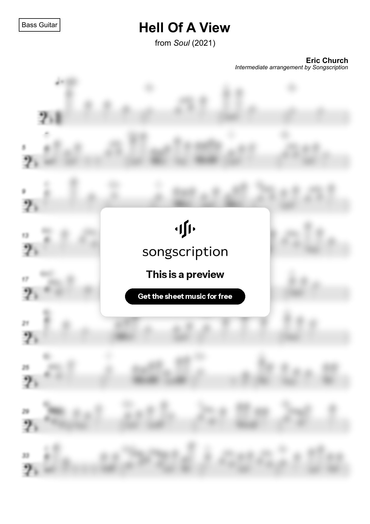 Intermediate Bass Guitar Sheet Music for "Hell Of A View" by Eric Church
