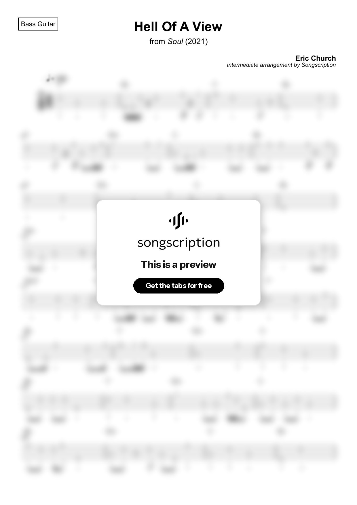 Intermediate Bass Guitar Tabs for "Hell Of A View" by Eric Church