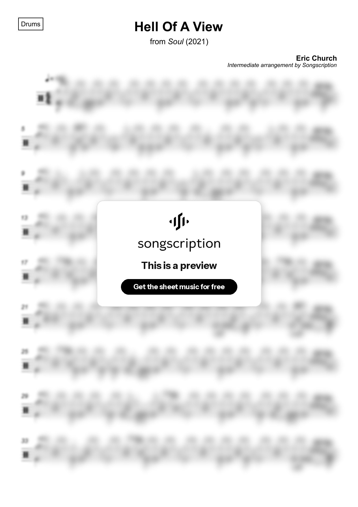 Intermediate Drums Sheet Music for "Hell Of A View" by Eric Church
