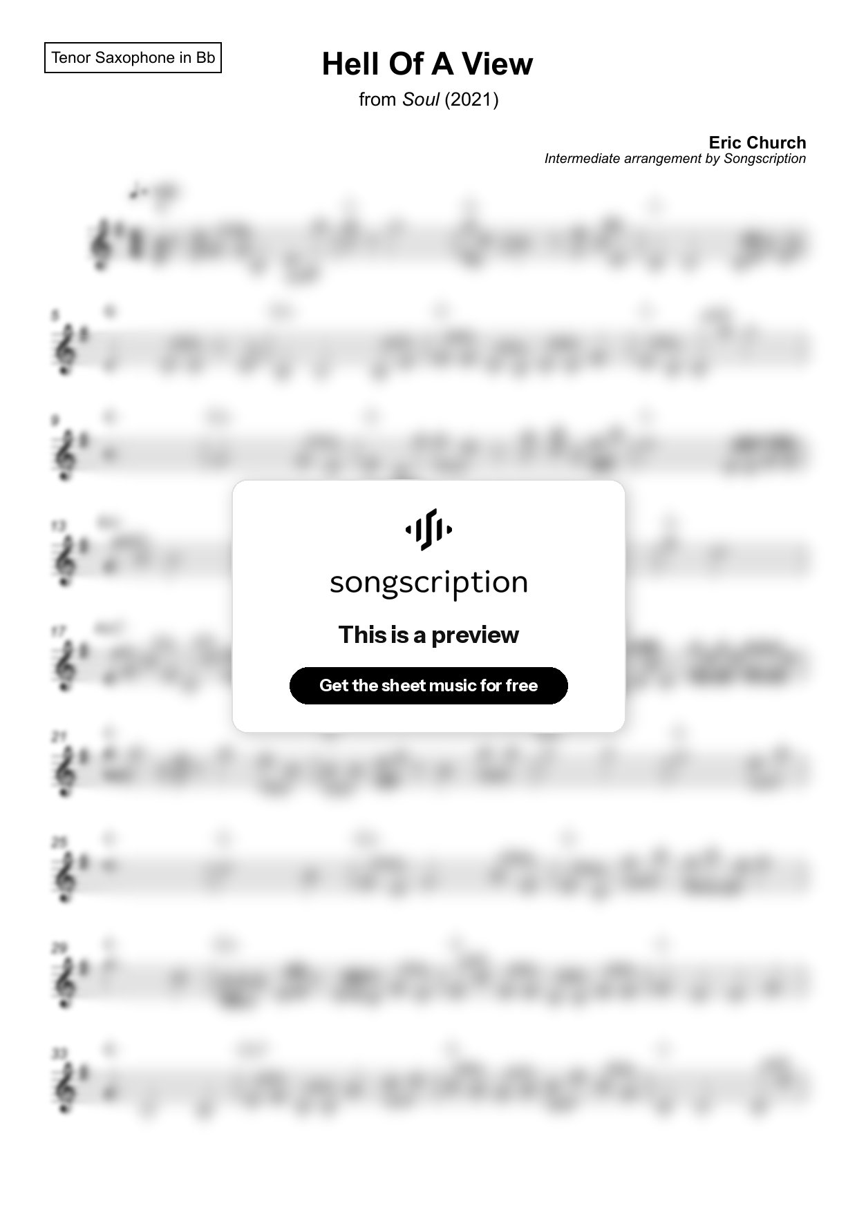 Intermediate Tenor Sax Sheet Music for "Hell Of A View" by Eric Church