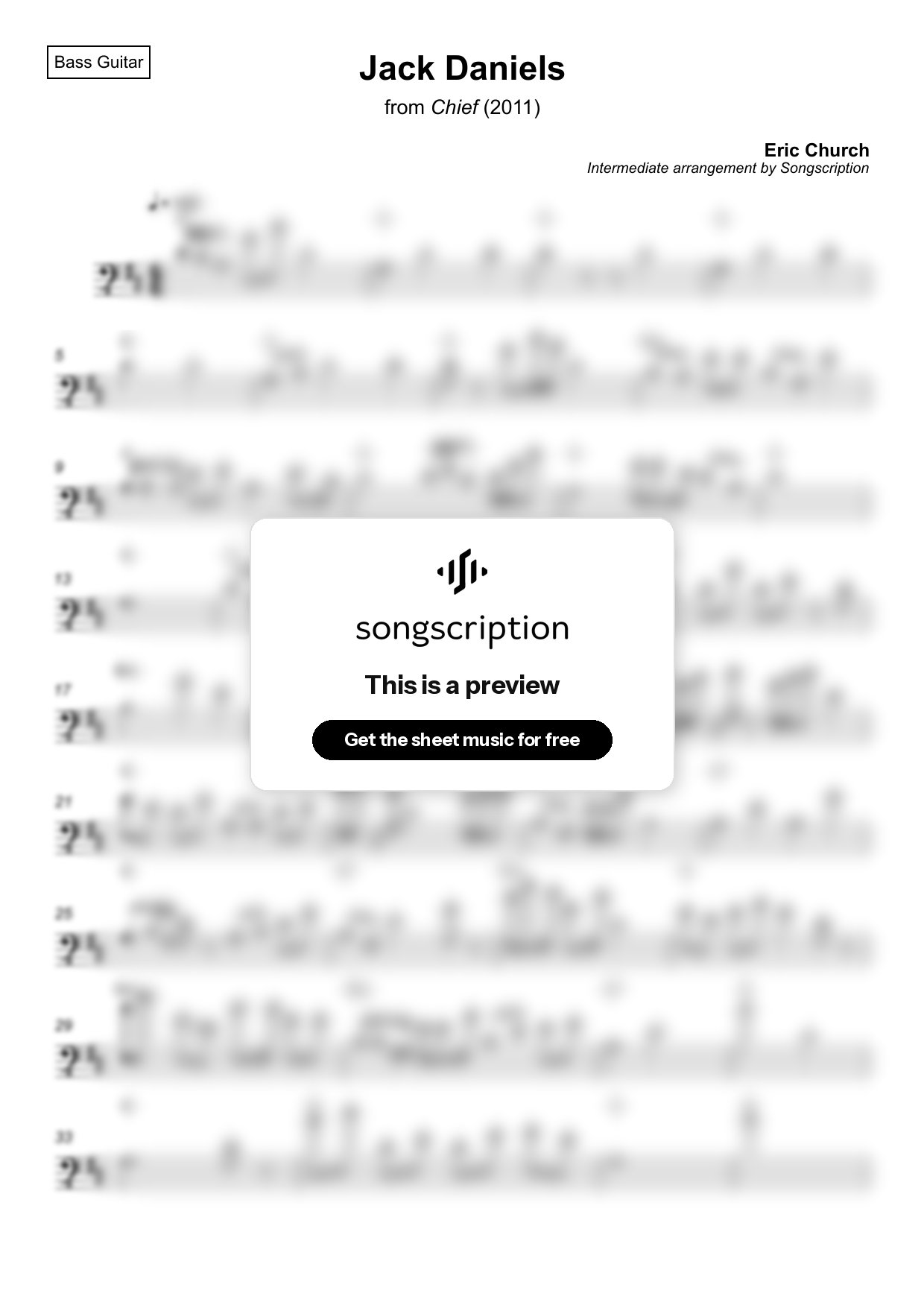 Intermediate Bass Guitar Sheet Music for "Jack Daniels" by Eric Church