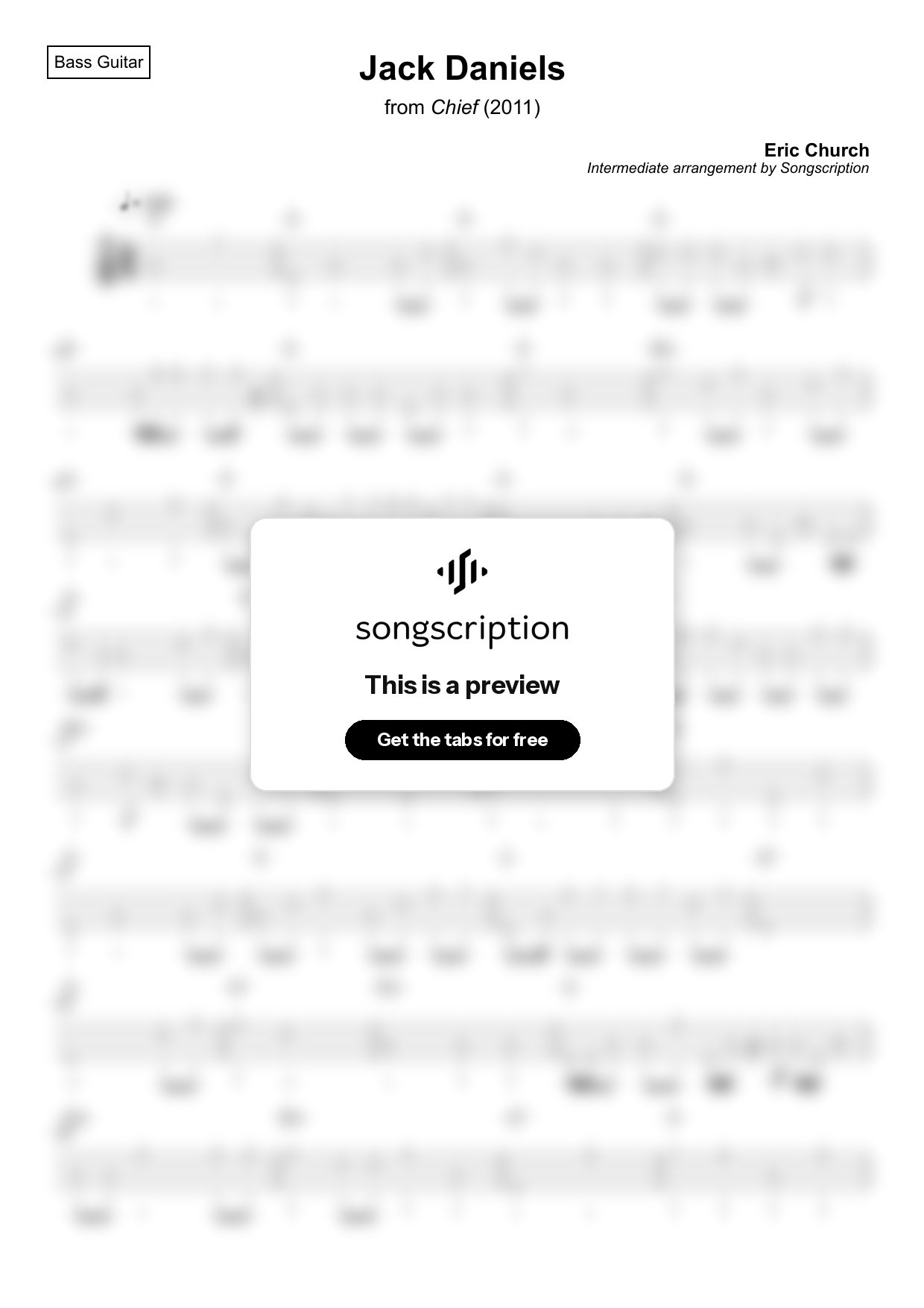 Intermediate Bass Guitar Tabs for "Jack Daniels" by Eric Church