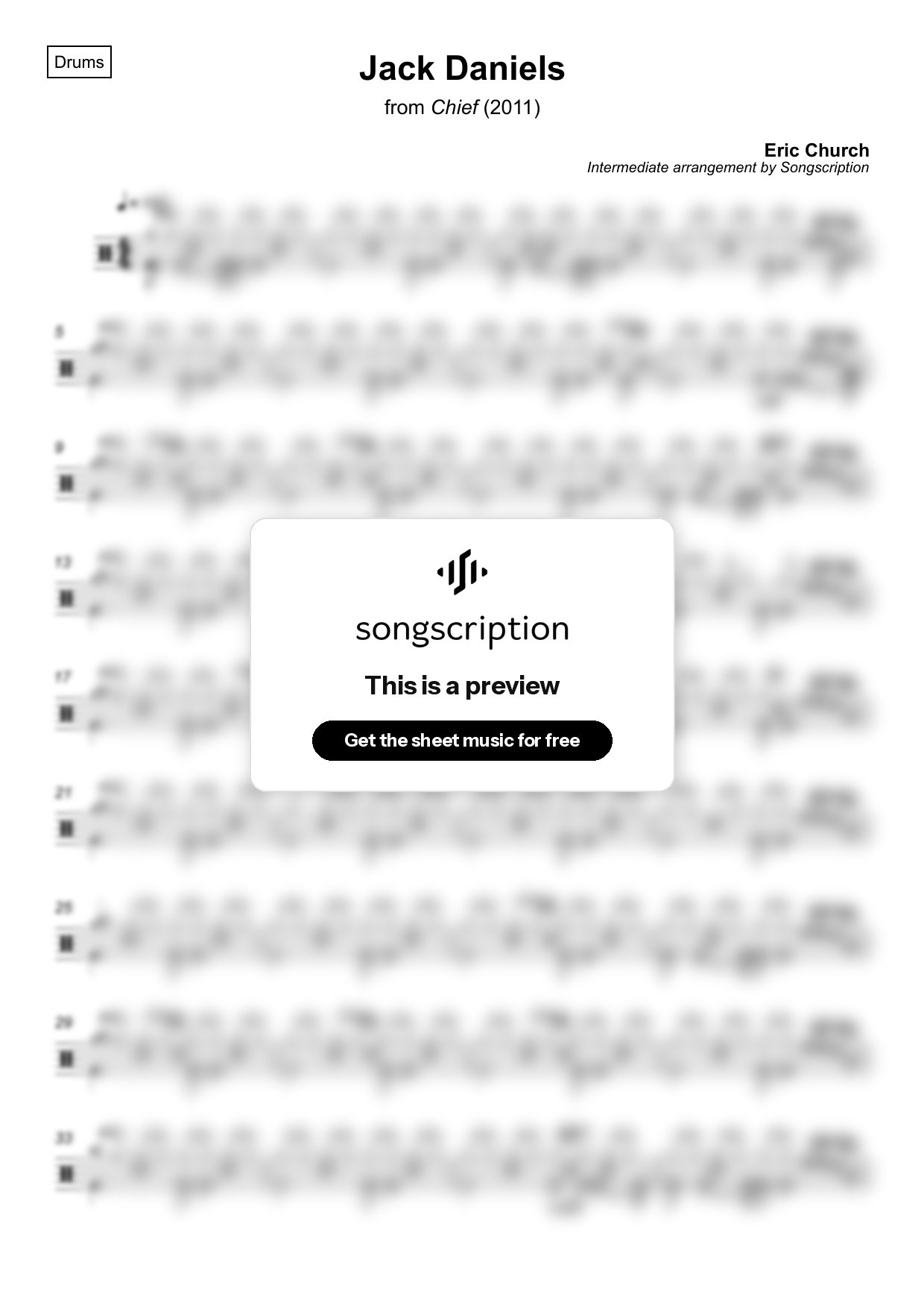 Intermediate Drums Sheet Music for "Jack Daniels" by Eric Church