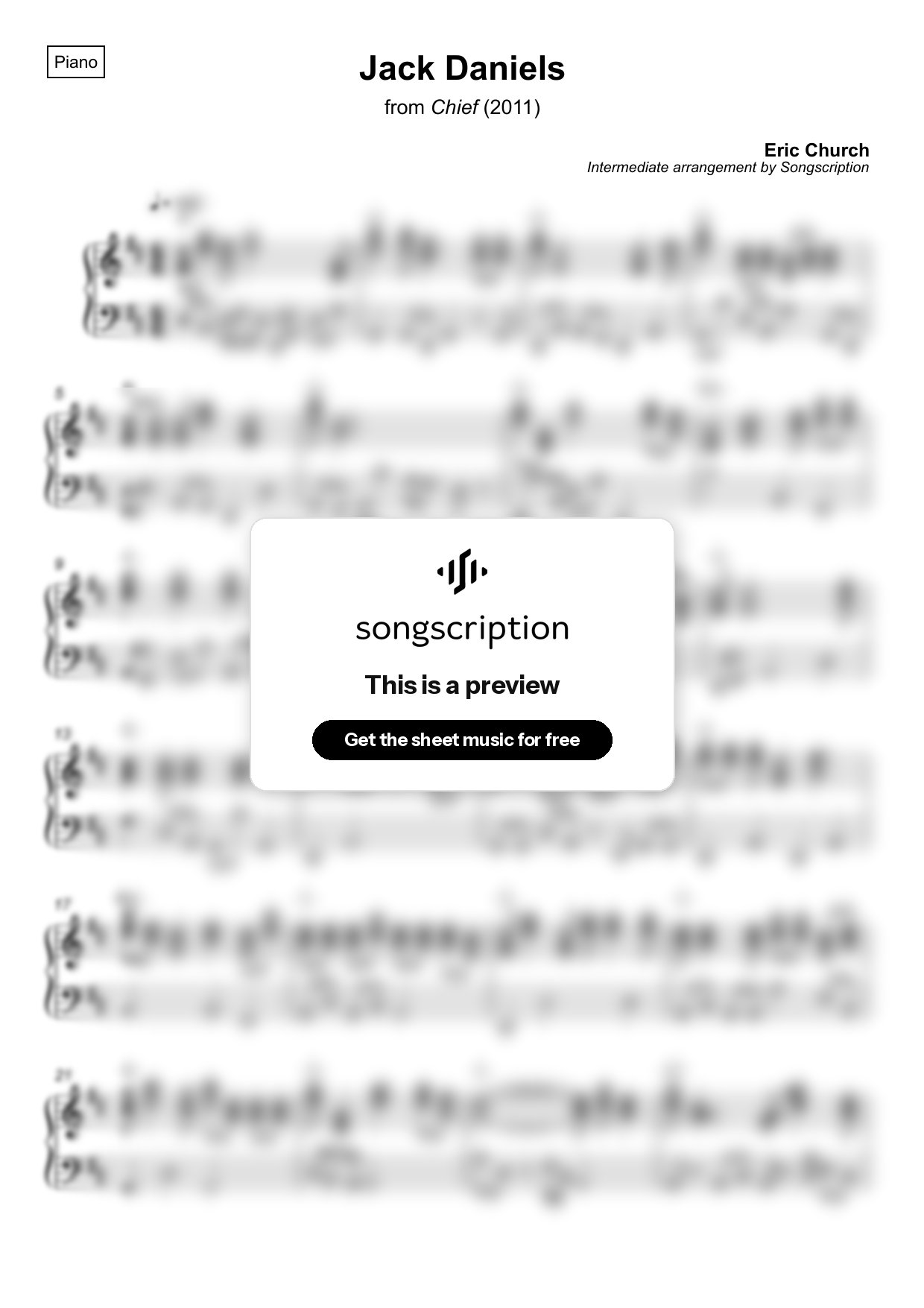 Intermediate Piano Sheet Music for "Jack Daniels" by Eric Church