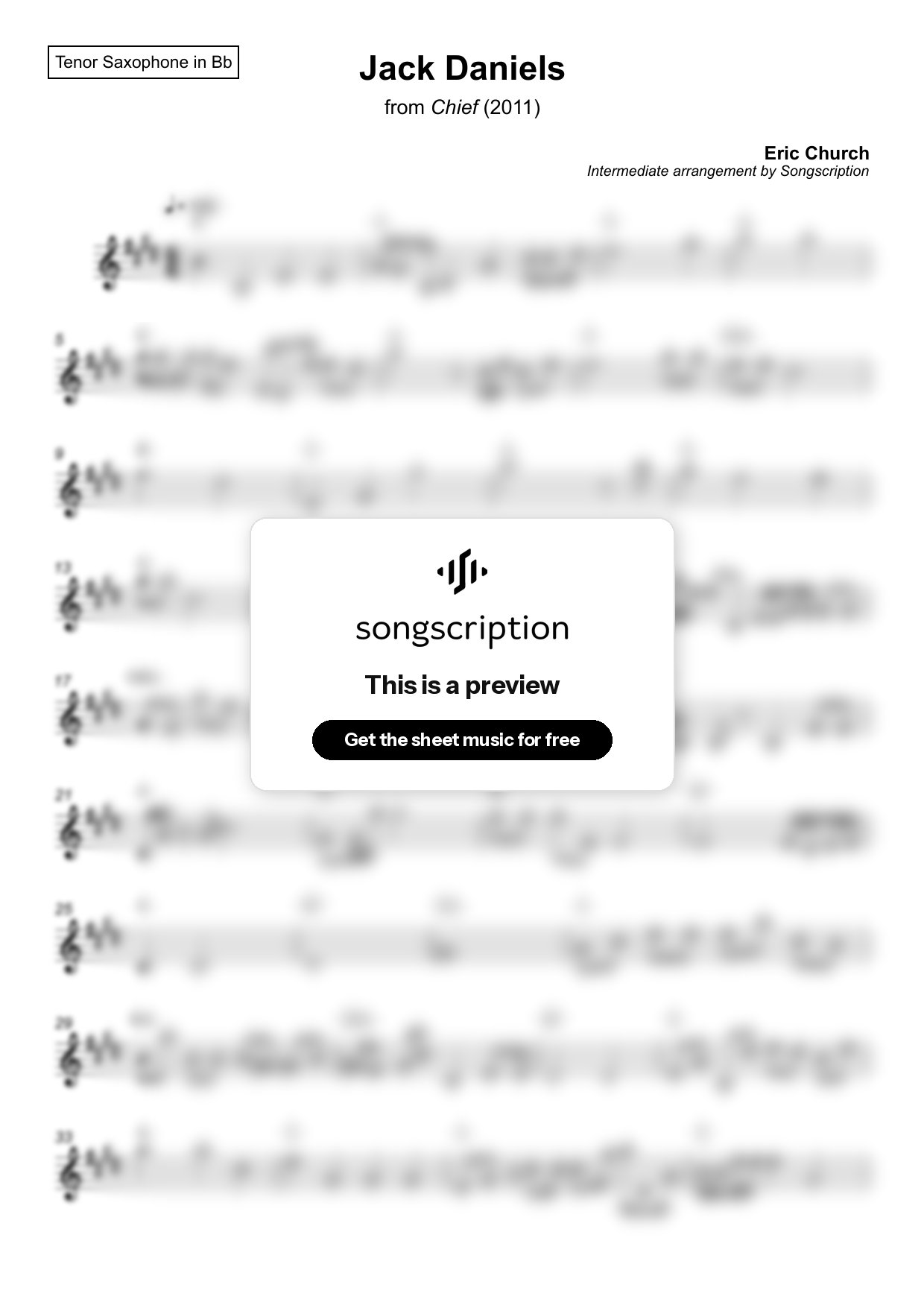 Intermediate Tenor Sax Sheet Music for "Jack Daniels" by Eric Church