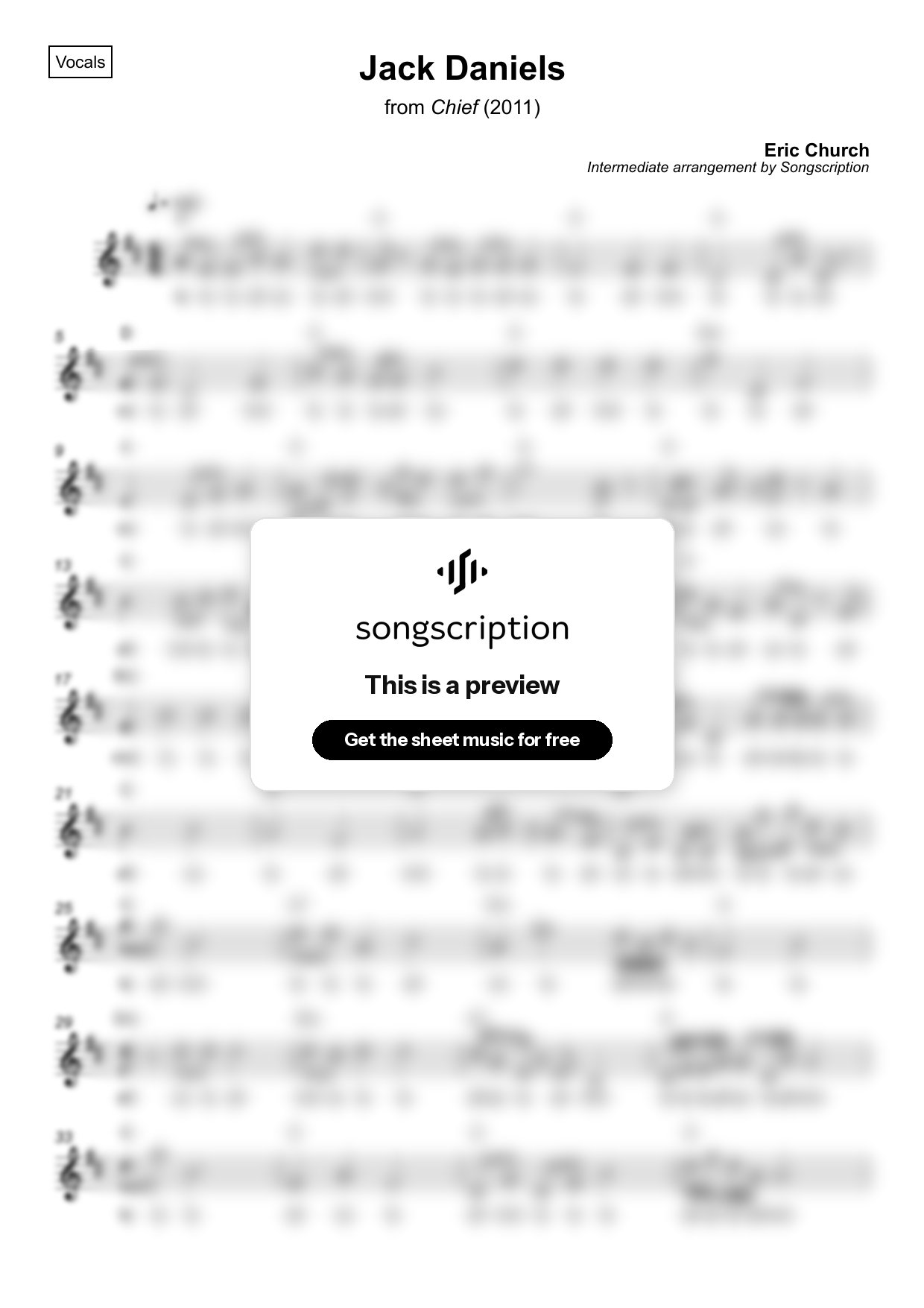 Intermediate Vocals Sheet Music for "Jack Daniels" by Eric Church