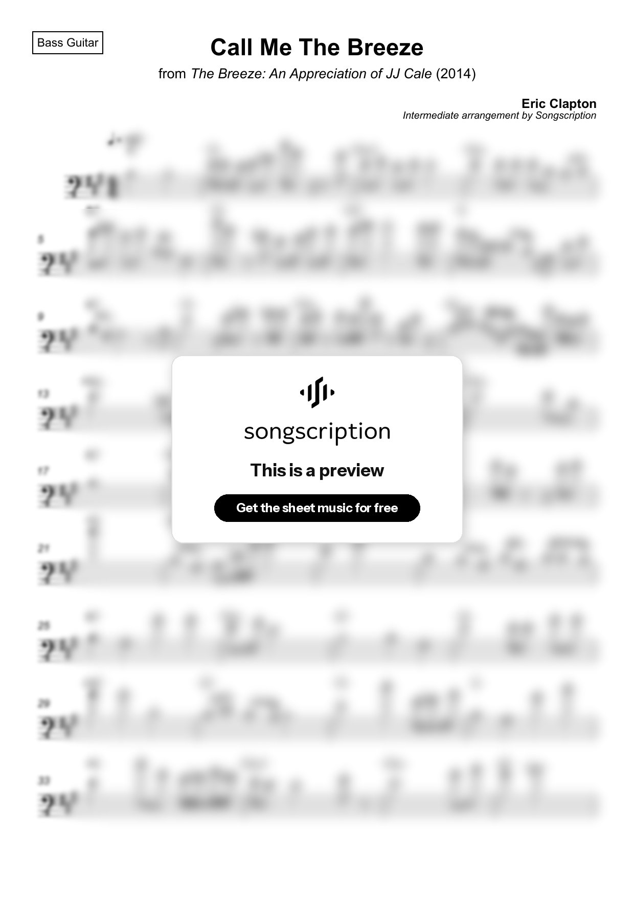 Intermediate Bass Guitar Sheet Music for "Call Me The Breeze" by Eric Clapton