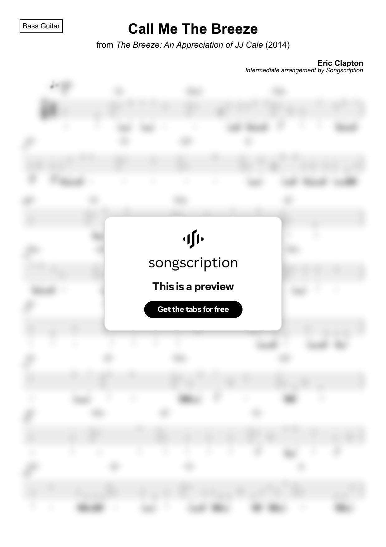 Intermediate Bass Guitar Tabs for "Call Me The Breeze" by Eric Clapton