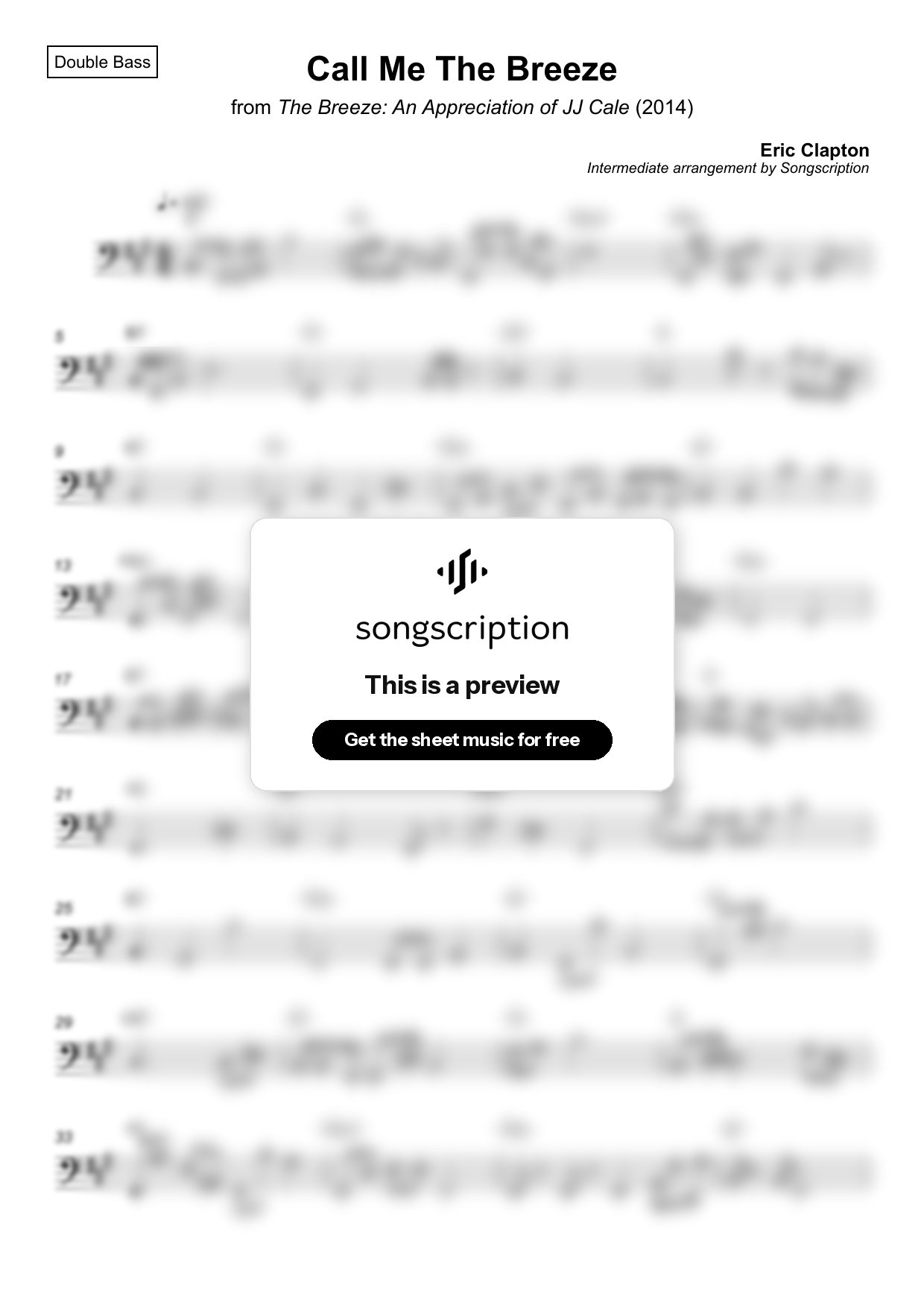 Intermediate Double Bass Sheet Music for "Call Me The Breeze" by Eric Clapton