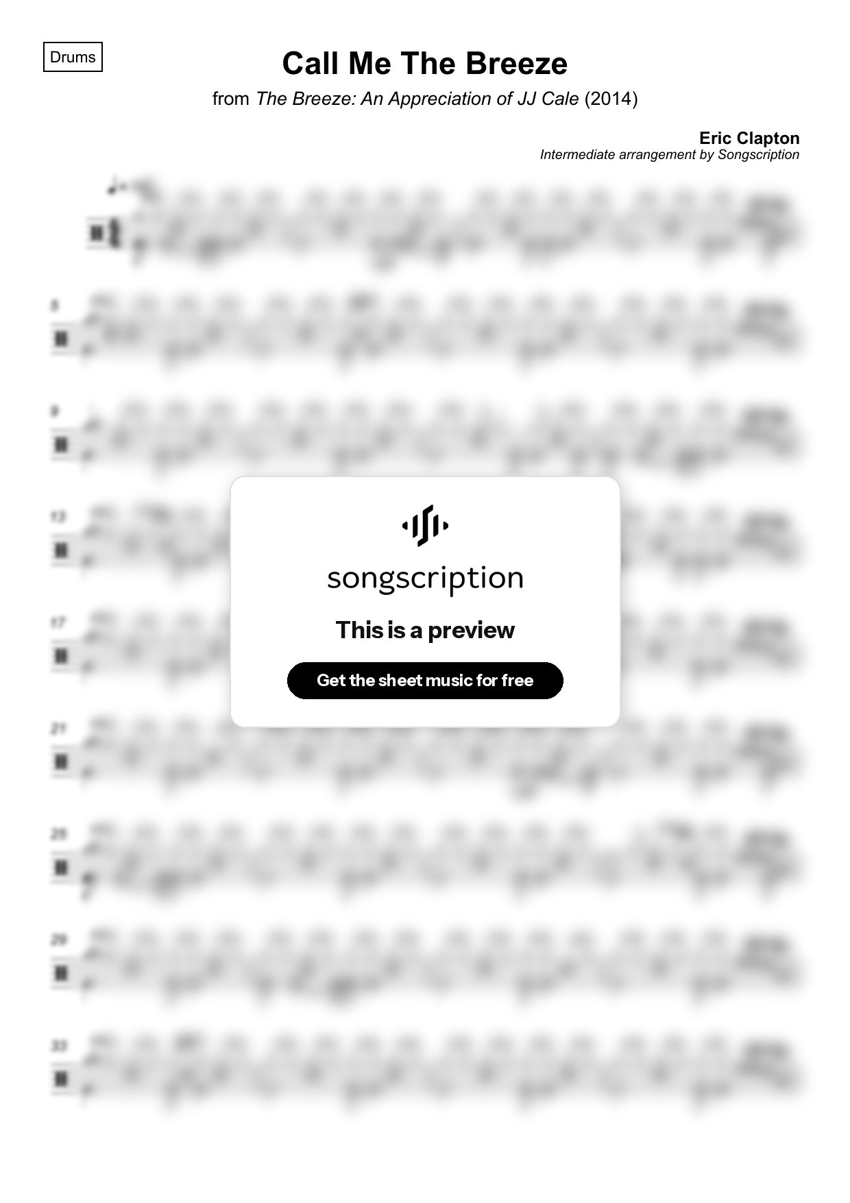 Intermediate Drums Sheet Music for "Call Me The Breeze" by Eric Clapton