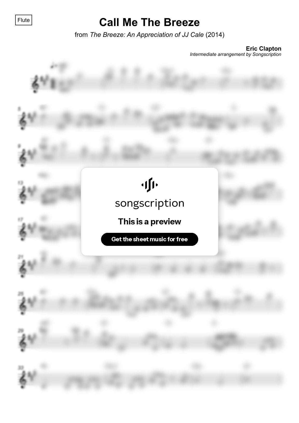 Intermediate Flute Sheet Music for "Call Me The Breeze" by Eric Clapton