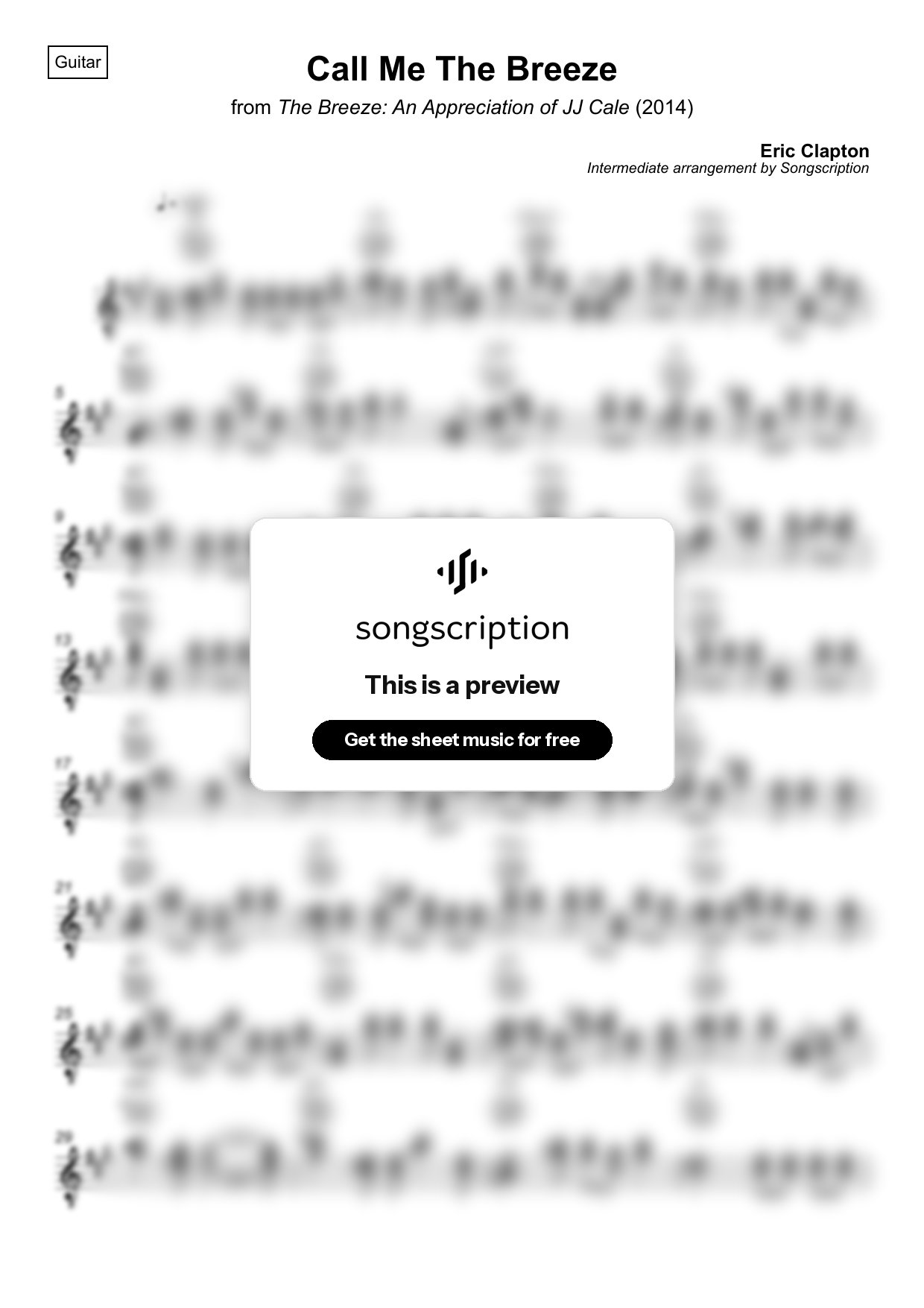Intermediate Acoustic Guitar Sheet Music for "Call Me The Breeze" by Eric Clapton