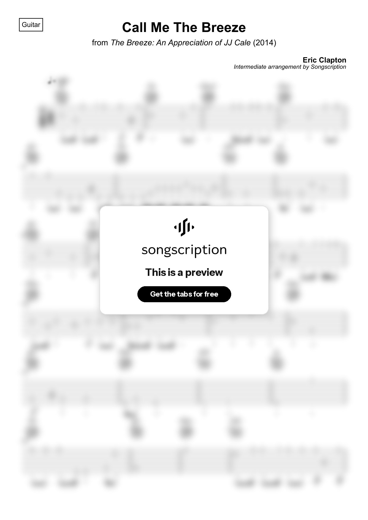 Intermediate Acoustic Guitar Tabs for "Call Me The Breeze" by Eric Clapton