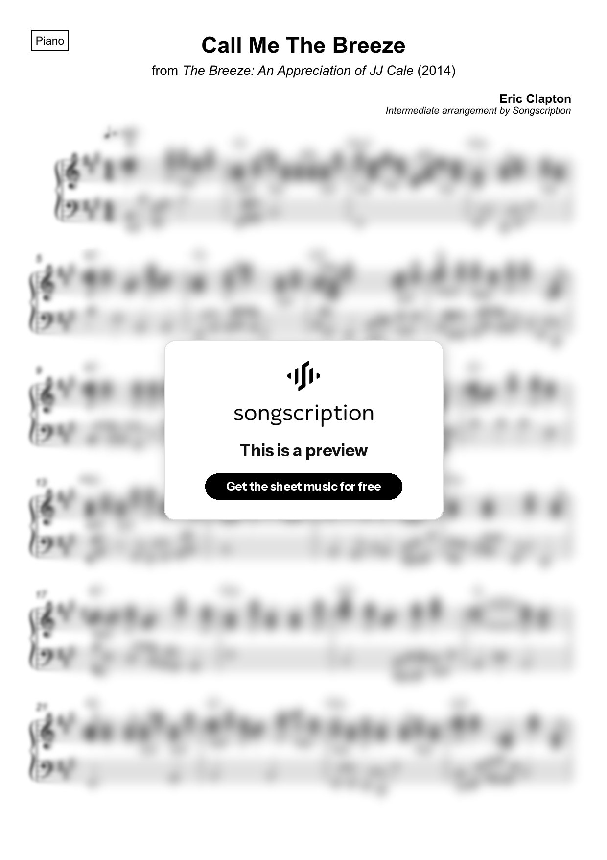 Intermediate Piano Sheet Music for "Call Me The Breeze" by Eric Clapton