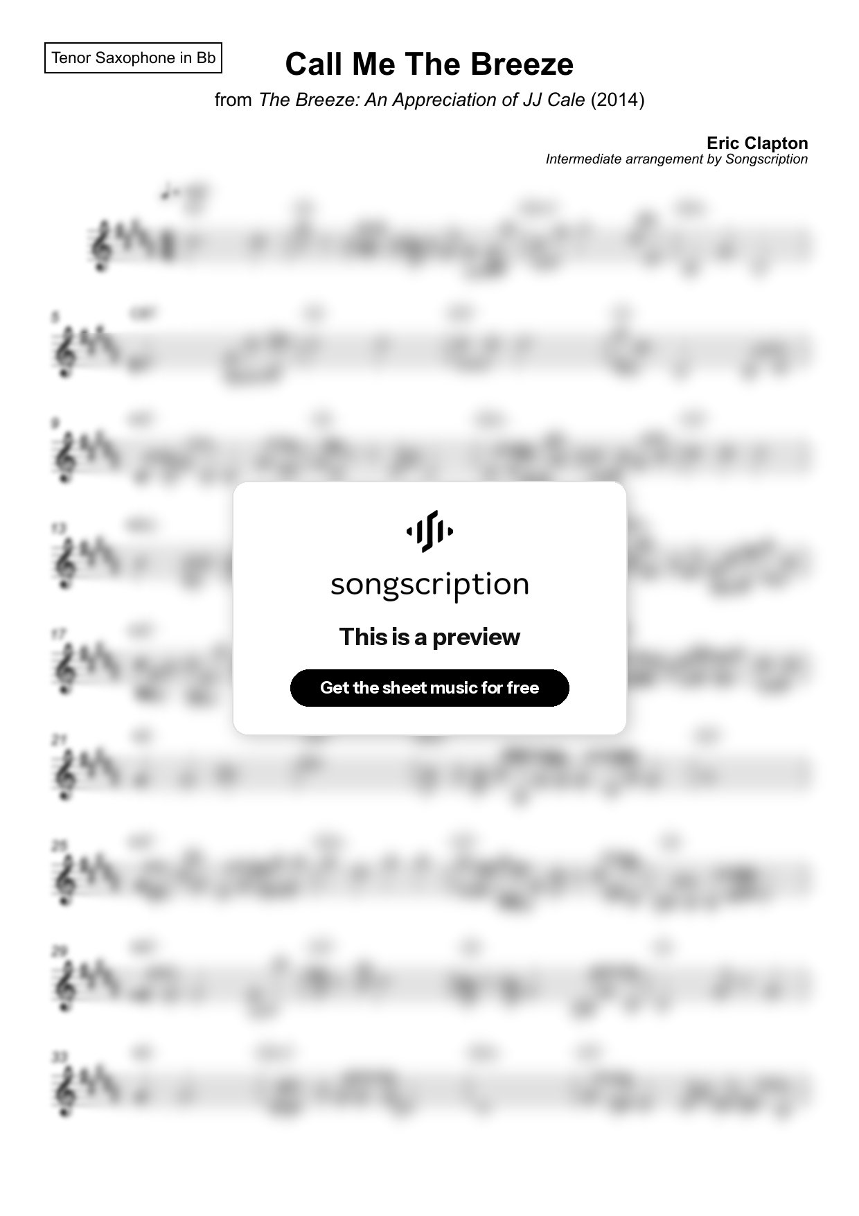 Intermediate Tenor Sax Sheet Music for "Call Me The Breeze" by Eric Clapton
