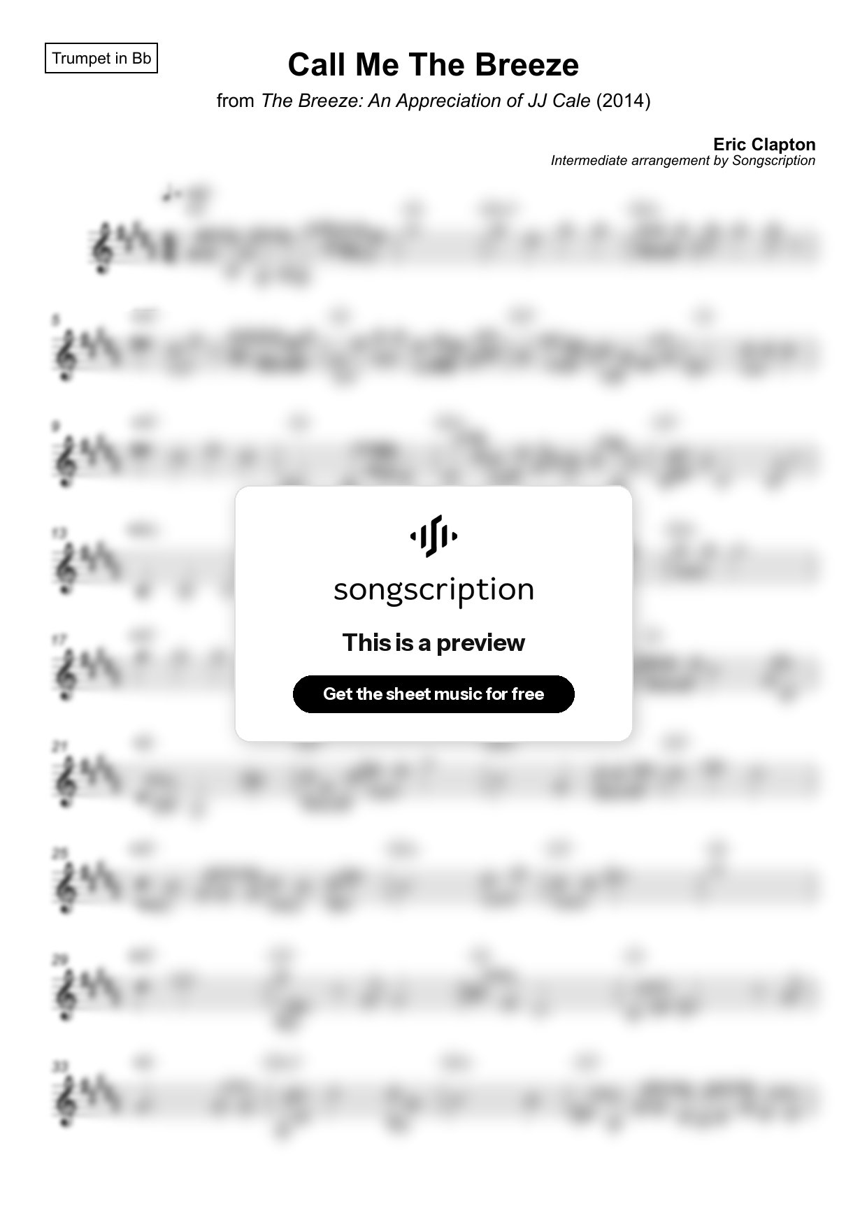 Intermediate Trumpet Sheet Music for "Call Me The Breeze" by Eric Clapton
