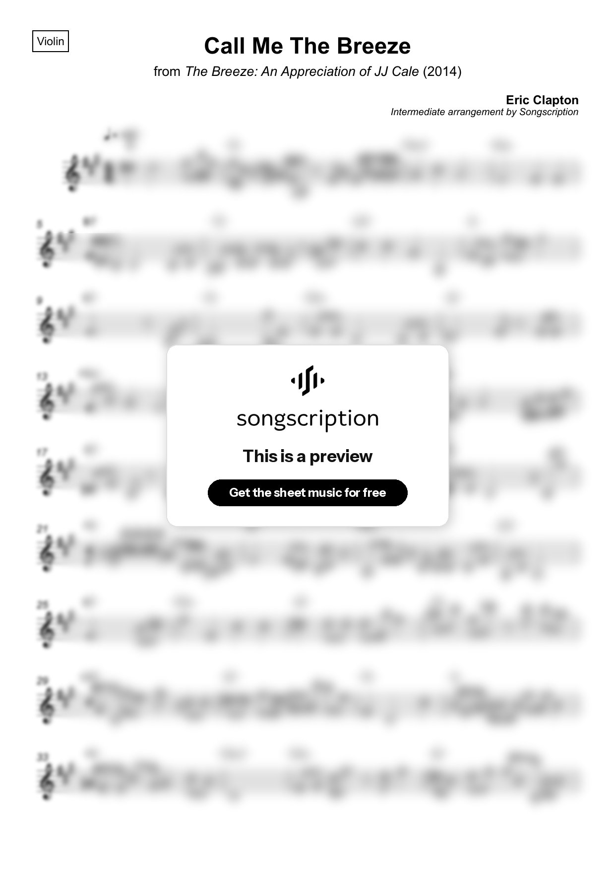 Intermediate Violin Sheet Music for "Call Me The Breeze" by Eric Clapton