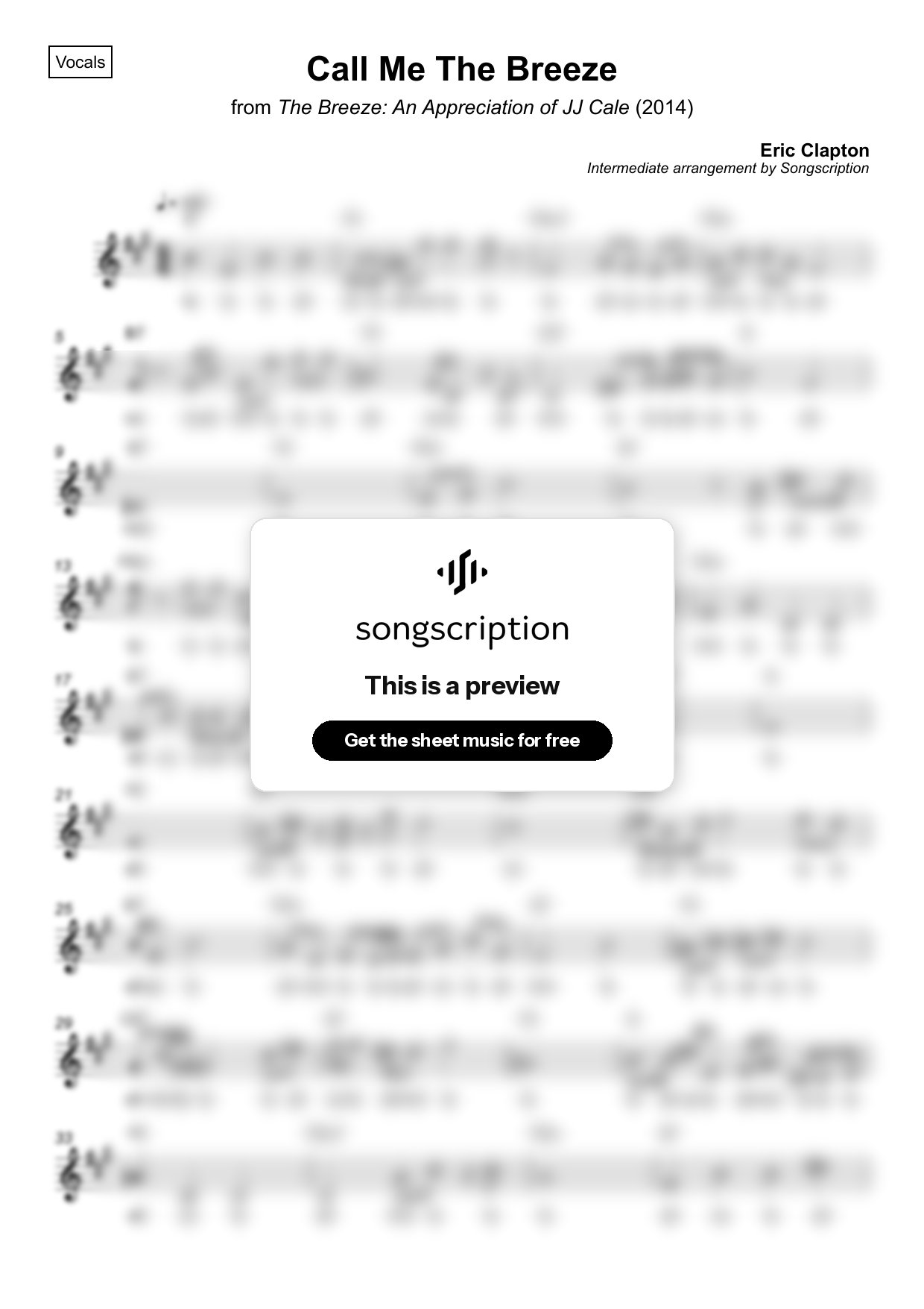 Intermediate Vocals Sheet Music for "Call Me The Breeze" by Eric Clapton