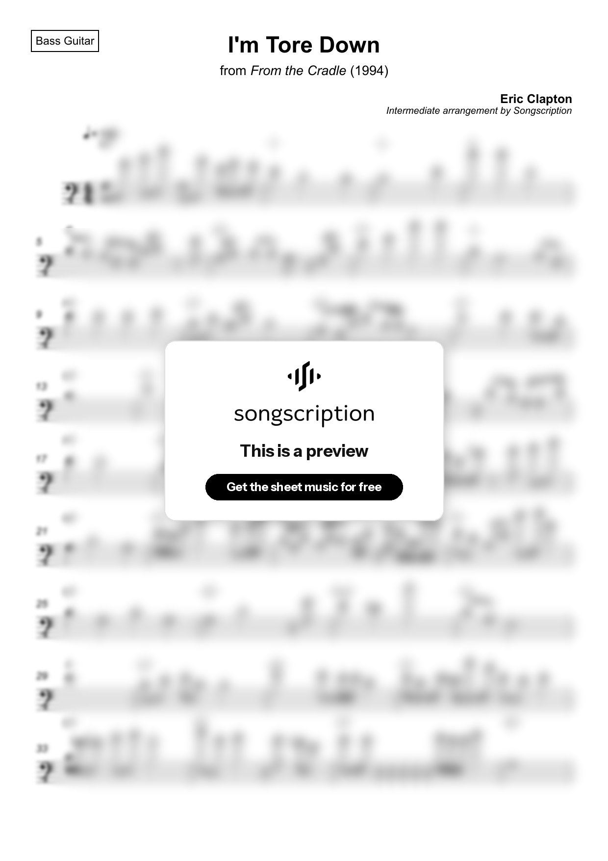 Intermediate Bass Guitar Sheet Music for "I'm Tore Down" by Eric Clapton