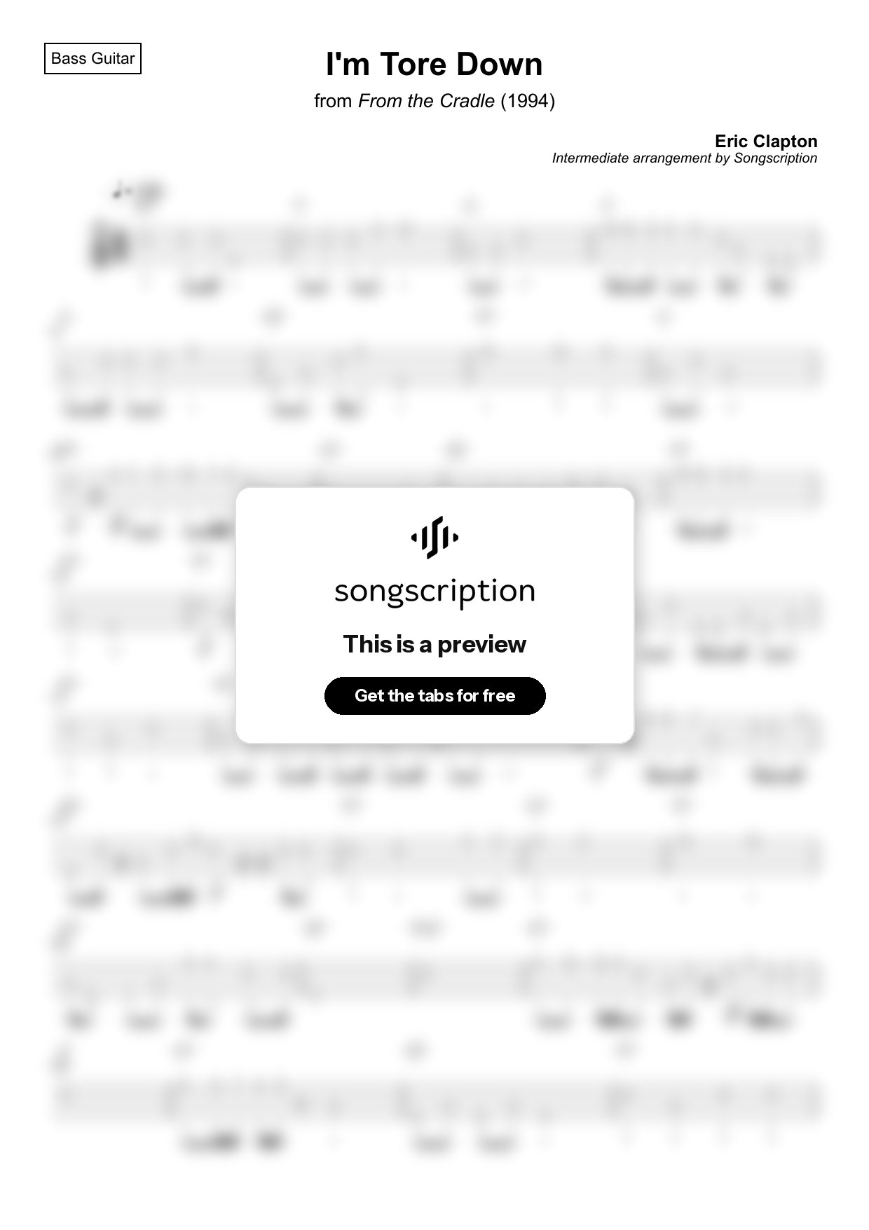 Intermediate Bass Guitar Tabs for "I'm Tore Down" by Eric Clapton