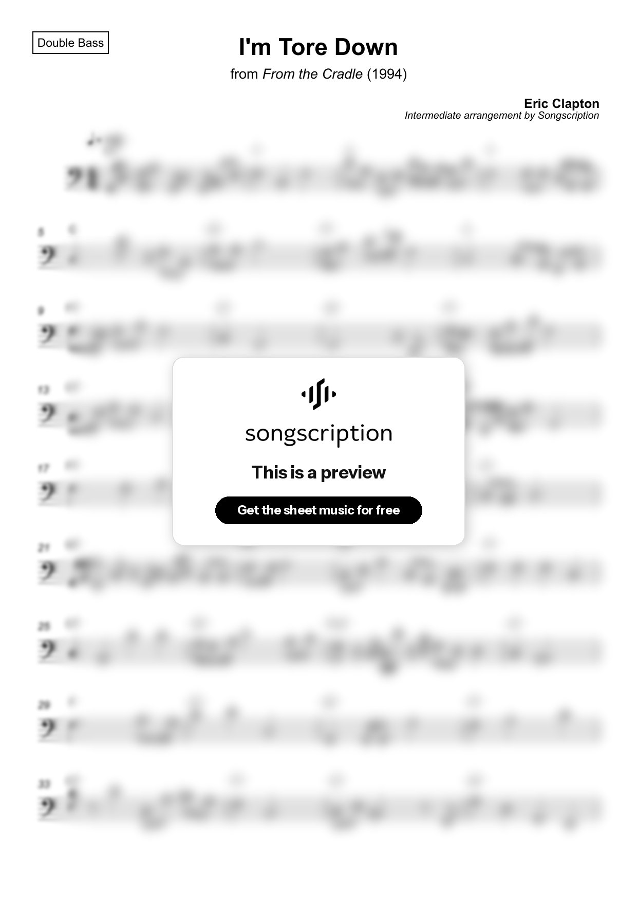 Intermediate Double Bass Sheet Music for "I'm Tore Down" by Eric Clapton