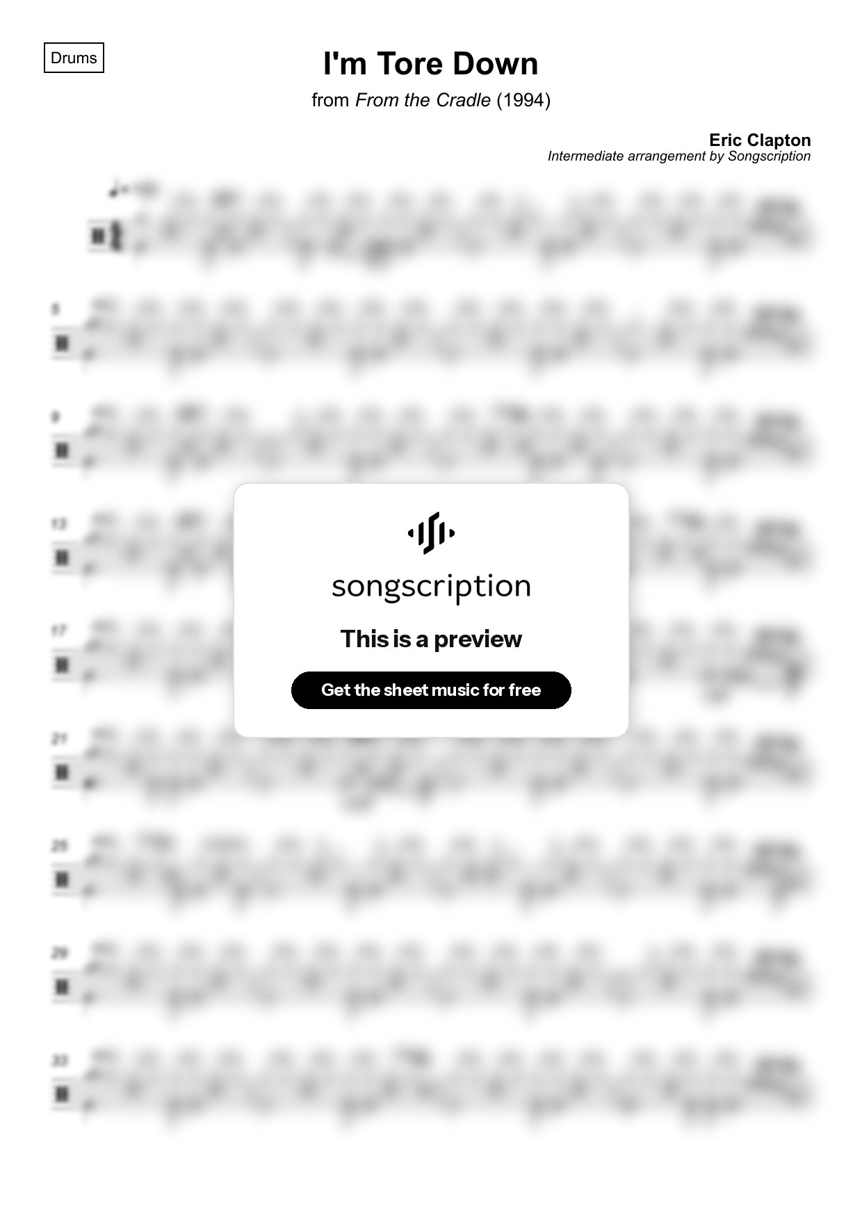 Intermediate Drums Sheet Music for "I'm Tore Down" by Eric Clapton
