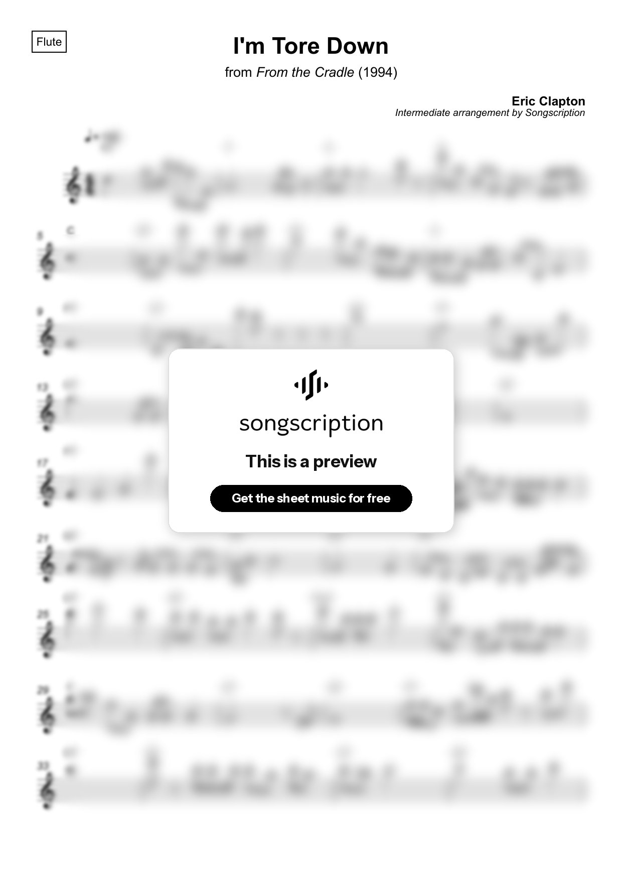 Intermediate Flute Sheet Music for "I'm Tore Down" by Eric Clapton