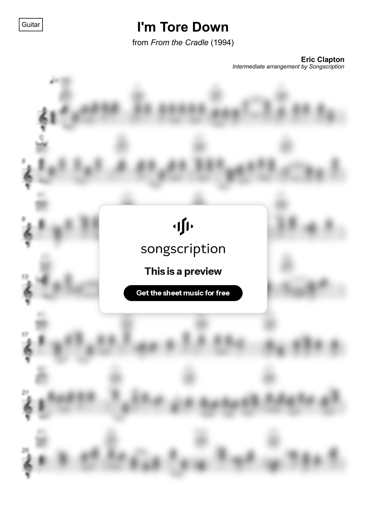 Intermediate Acoustic Guitar Sheet Music for "I'm Tore Down" by Eric Clapton