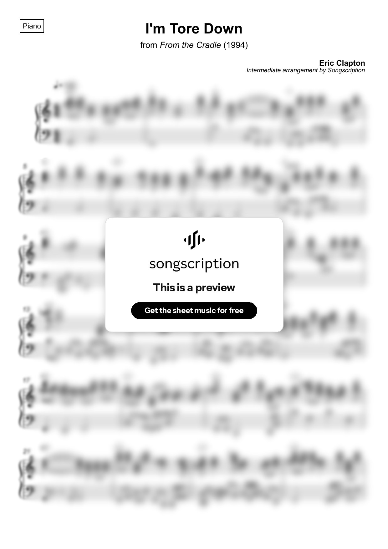 Intermediate Piano Sheet Music for "I'm Tore Down" by Eric Clapton