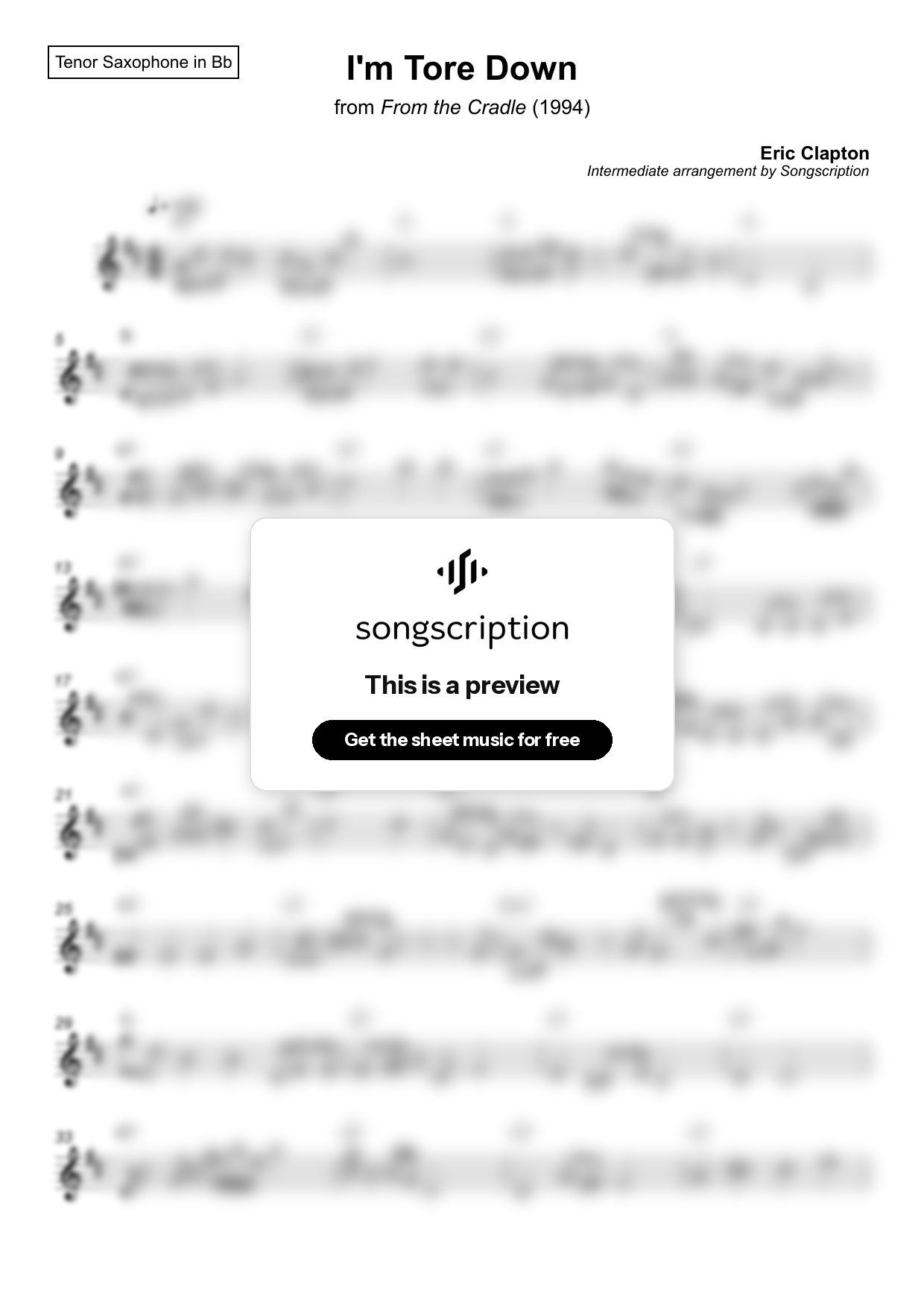 Intermediate Tenor Sax Sheet Music for "I'm Tore Down" by Eric Clapton