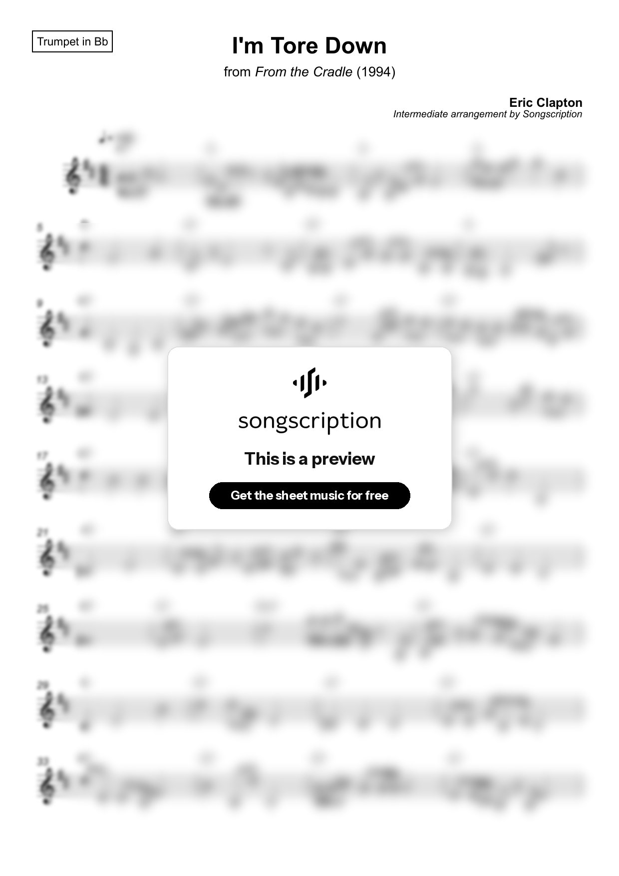 Intermediate Trumpet Sheet Music for "I'm Tore Down" by Eric Clapton