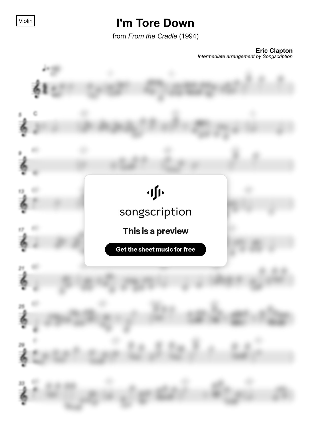 Intermediate Violin Sheet Music for "I'm Tore Down" by Eric Clapton