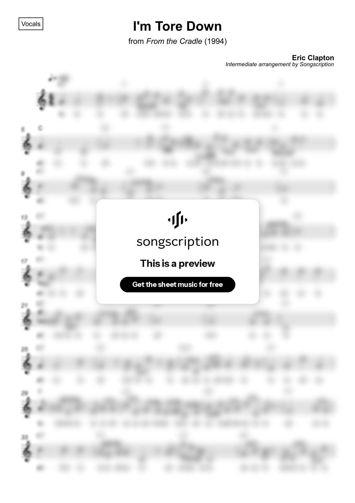 Intermediate Vocals Sheet Music for "I'm Tore Down" by Eric Clapton