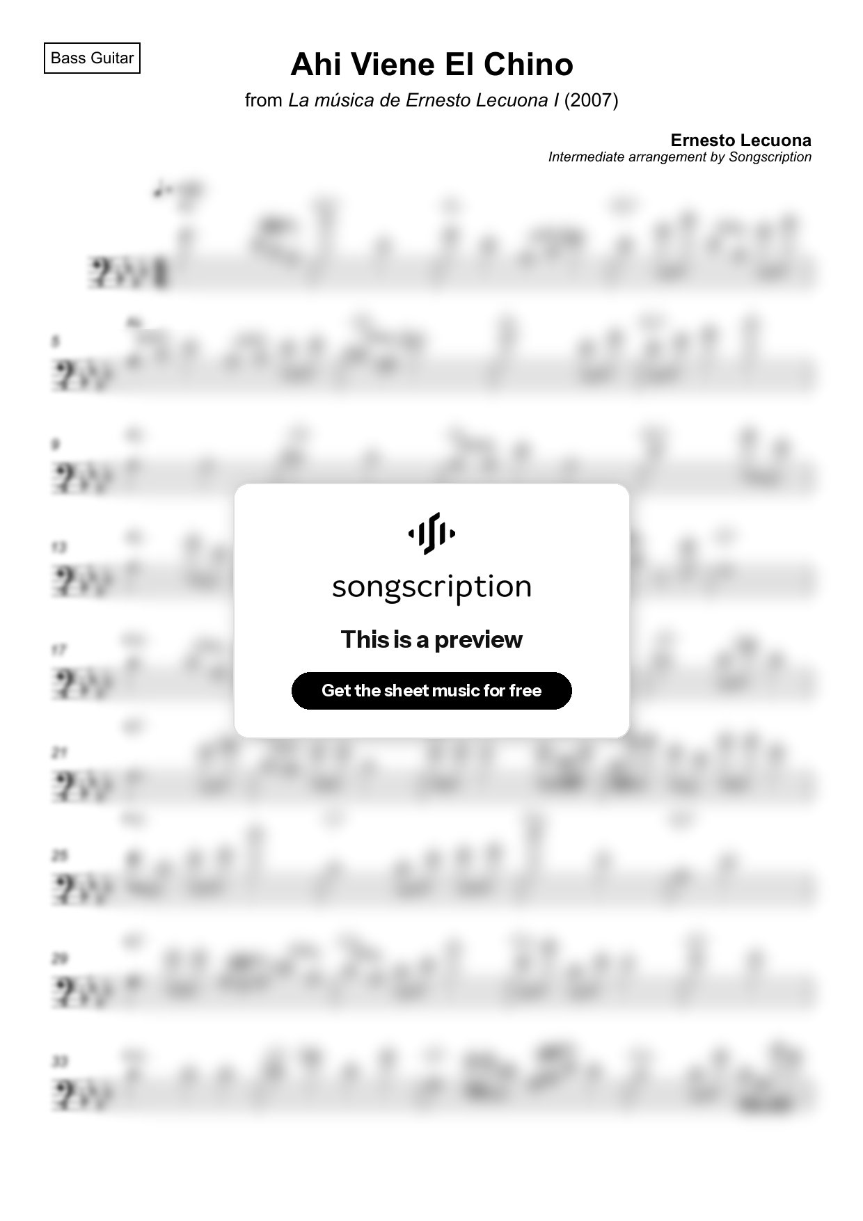 Intermediate Bass Guitar Sheet Music for "Ahi Viene El Chino" by Ernesto Lecuona