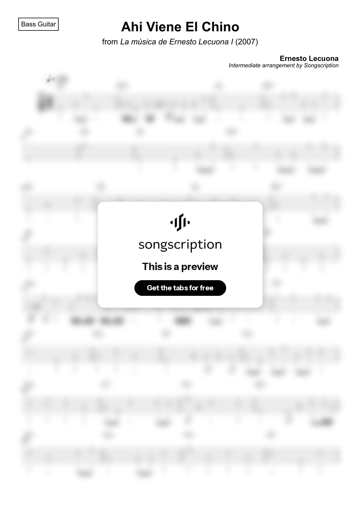 Intermediate Bass Guitar Tabs for "Ahi Viene El Chino" by Ernesto Lecuona