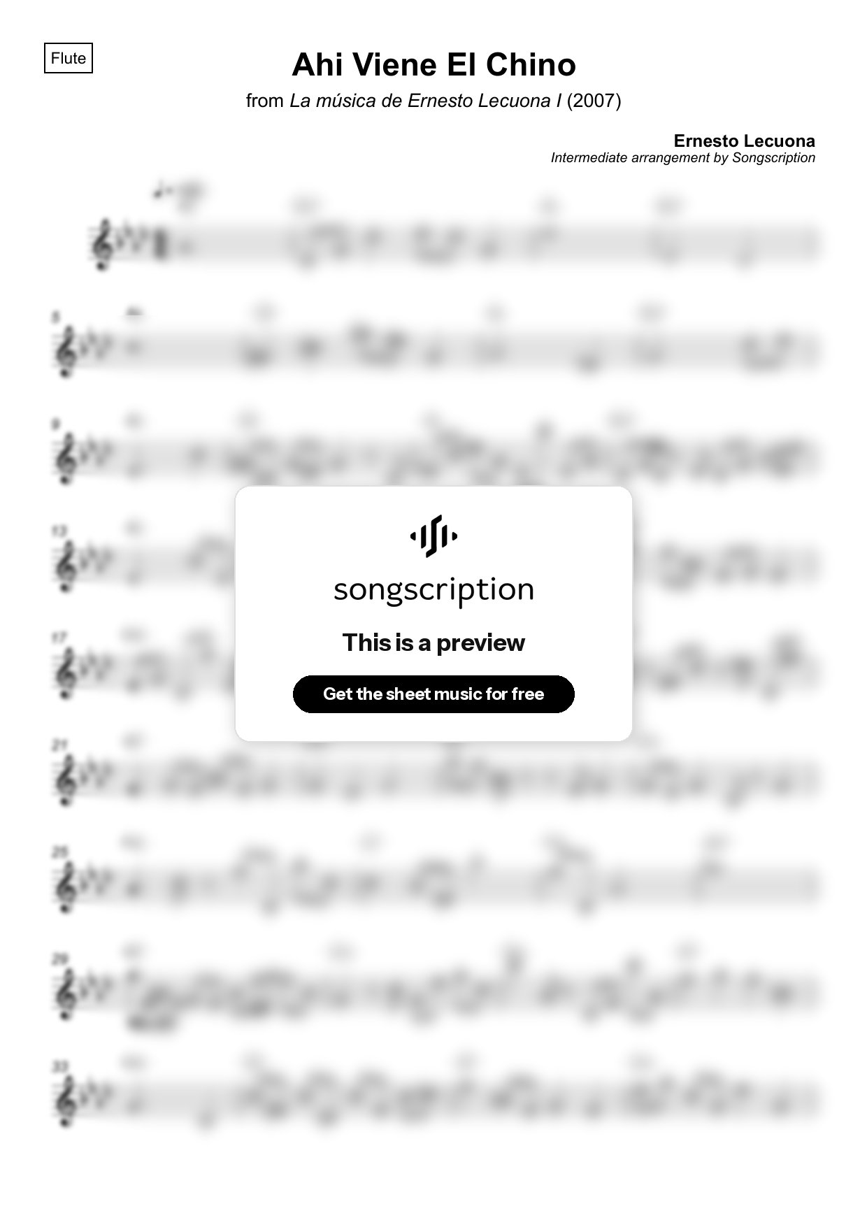 Intermediate Flute Sheet Music for "Ahi Viene El Chino" by Ernesto Lecuona