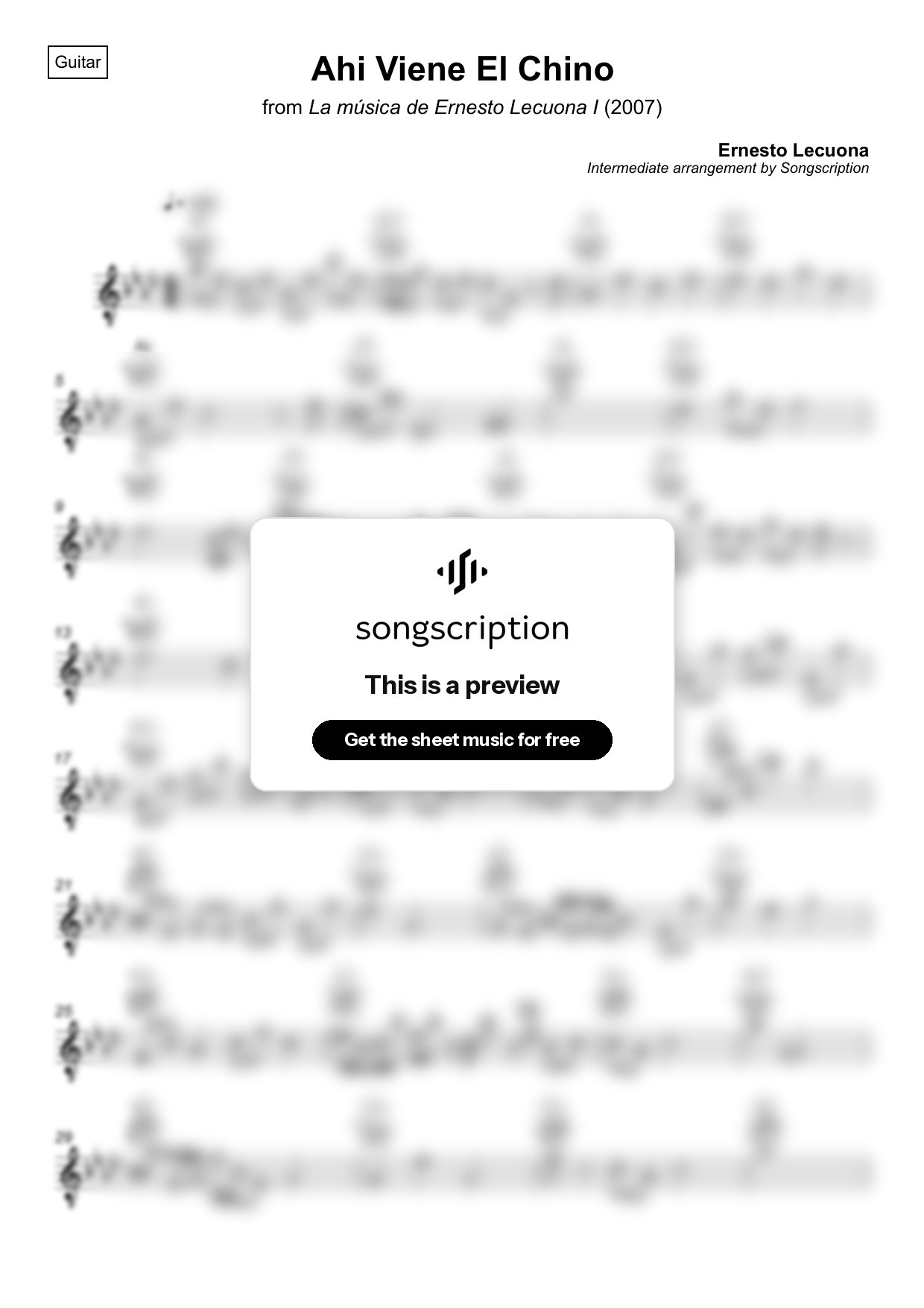 Intermediate Acoustic Guitar Sheet Music for "Ahi Viene El Chino" by Ernesto Lecuona