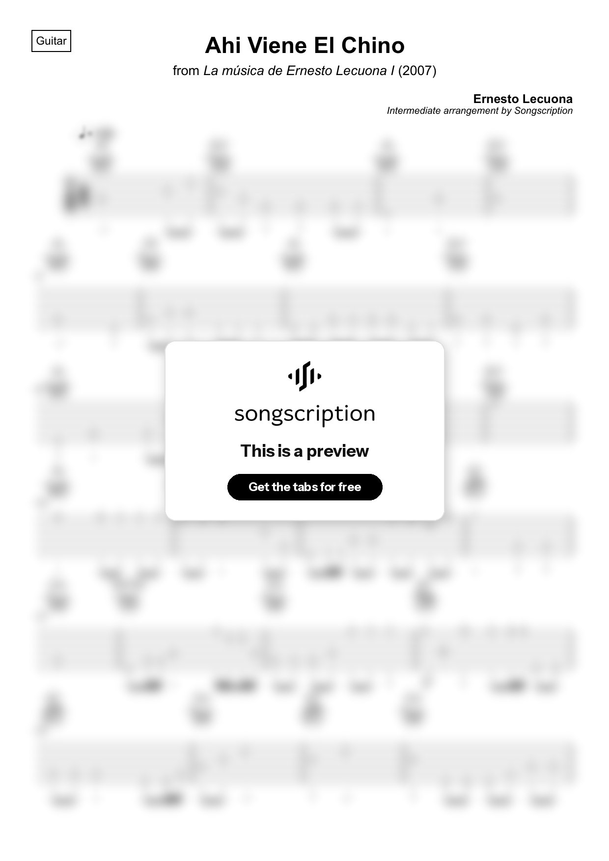Intermediate Acoustic Guitar Tabs for "Ahi Viene El Chino" by Ernesto Lecuona